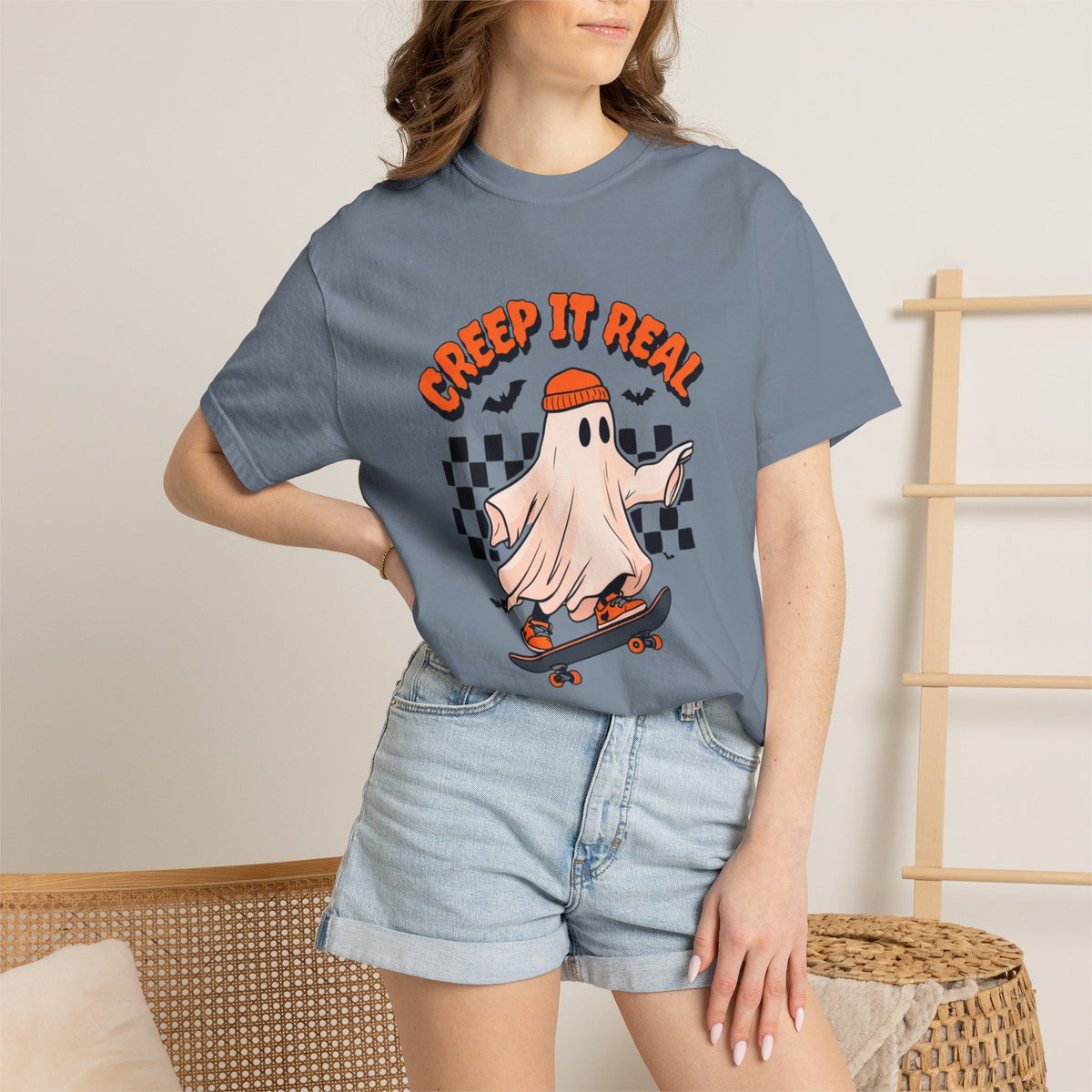 Creep It Real ghost on skateboard T-Shirt | checkerboard retro graphic