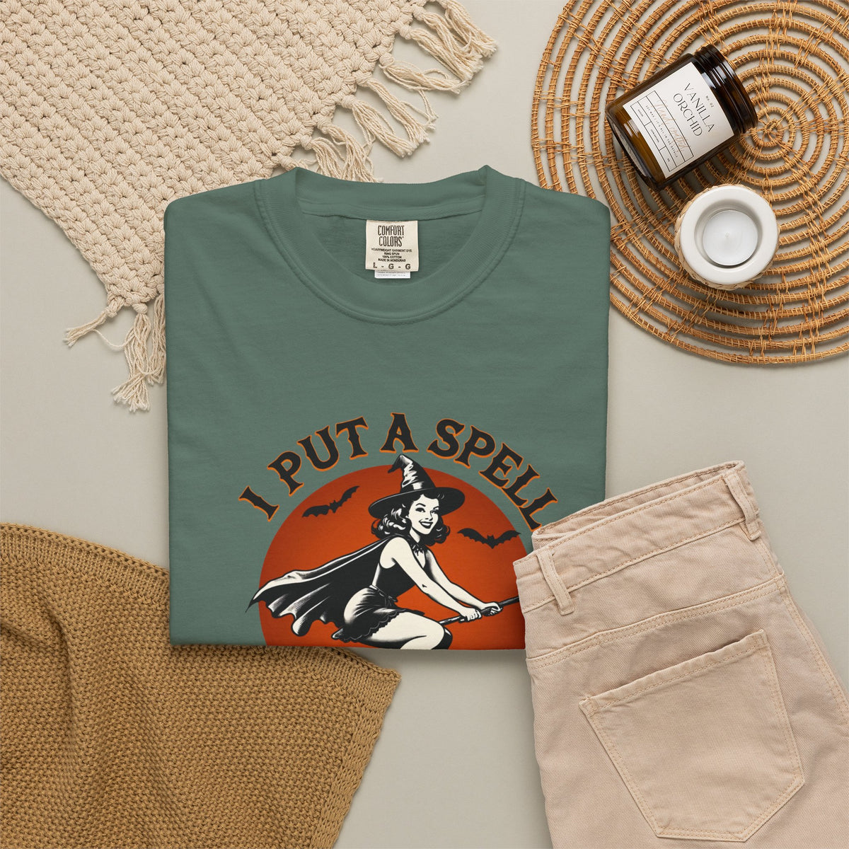 I Put a Spell on You witch on broom T-shirt | retro Halloween graphic tee