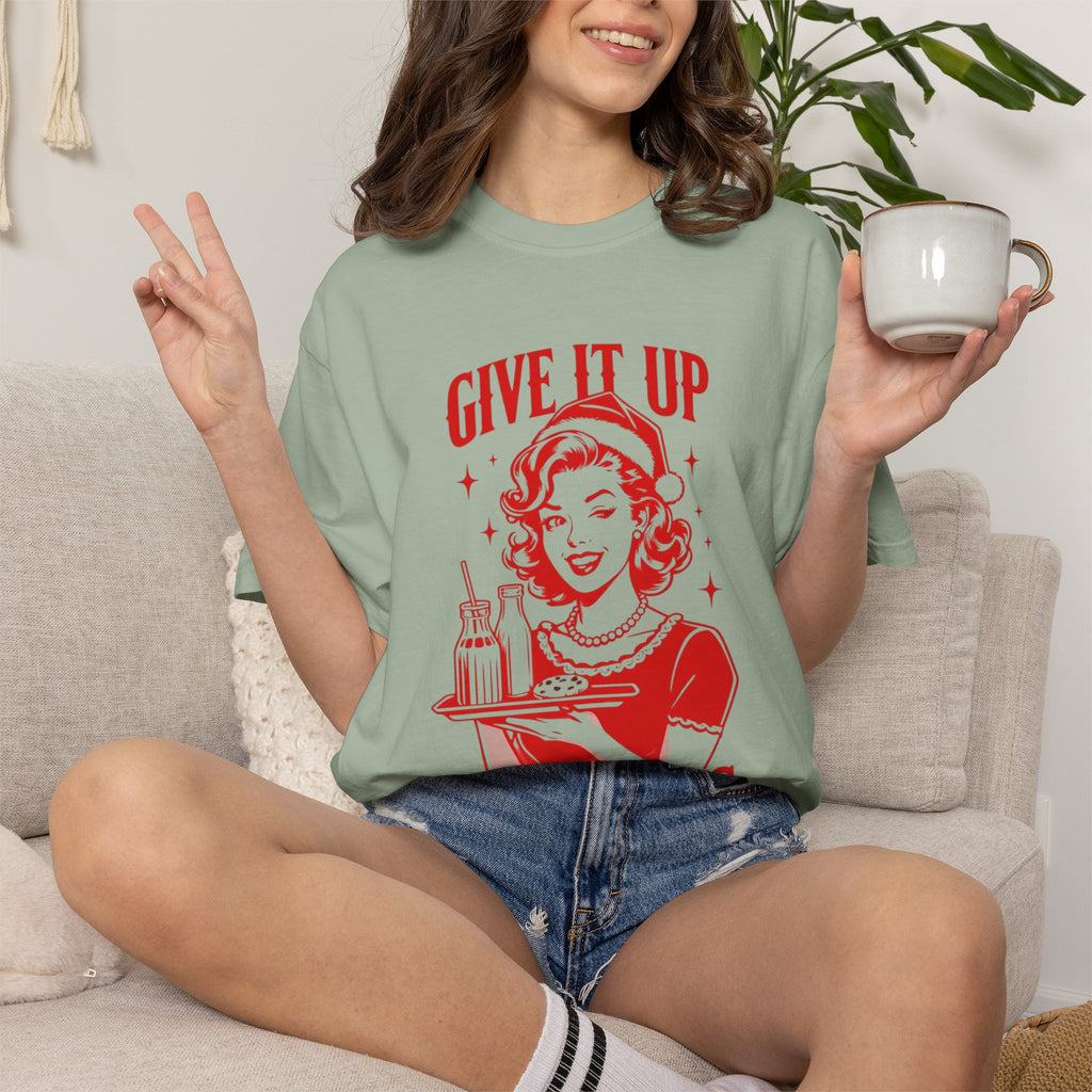 Give It Up Mr. Claus T-Shirt | Retro 1950s Pinup Santa Cookie Design