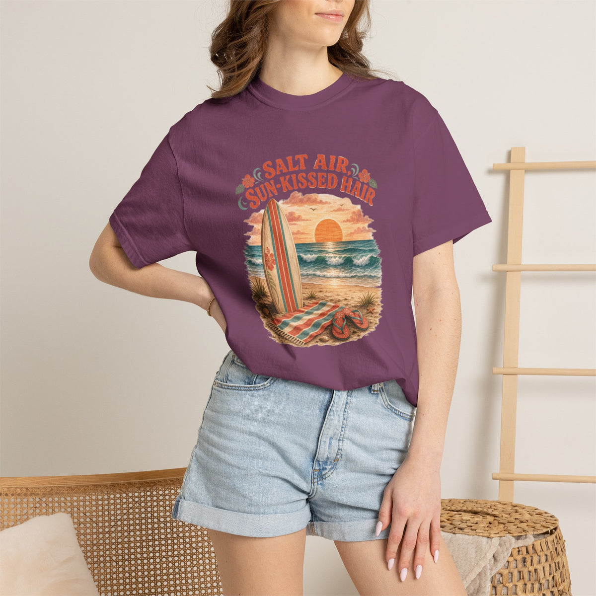 Salt Air, Sun-Kissed Hair Beach T-Shirt — Vintage Surf Sunset Tee