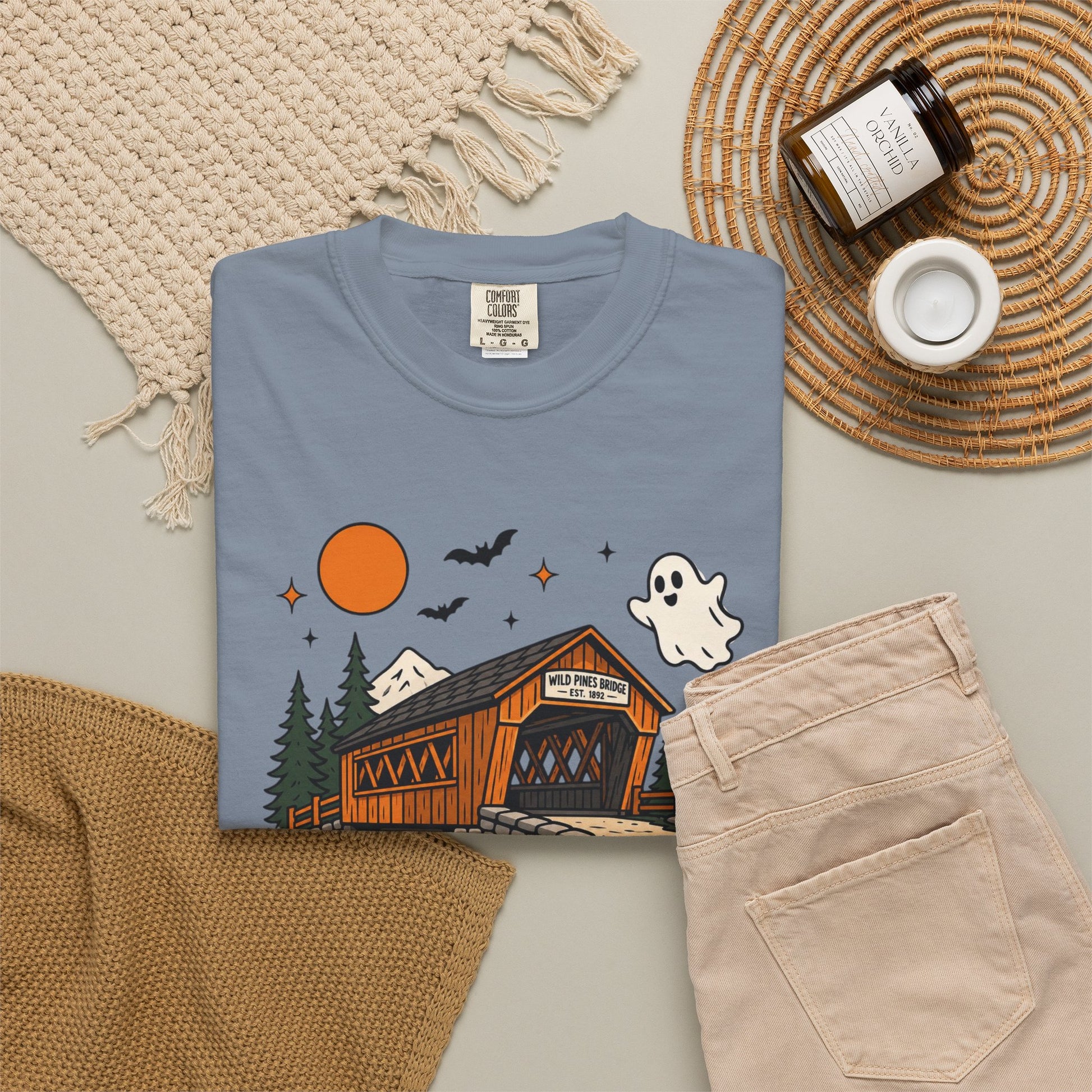 Halloween Covered Bridge T-Shirt — Spooky Ghost & Pumpkin Fall Tee