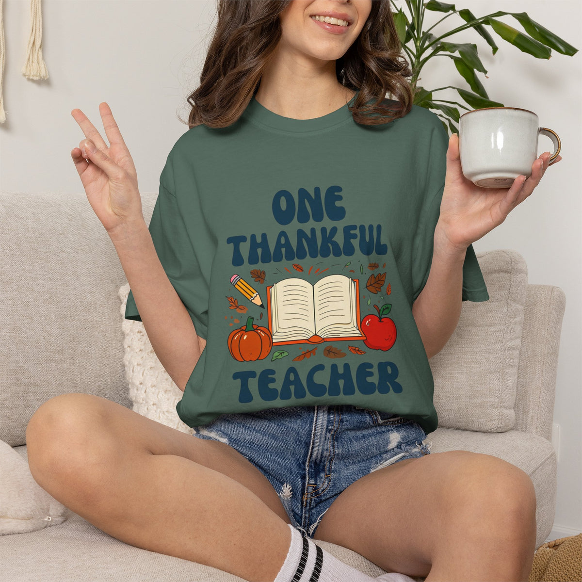 One Thankful Teacher T-shirt | Fall Leaves Pumpkin Apple