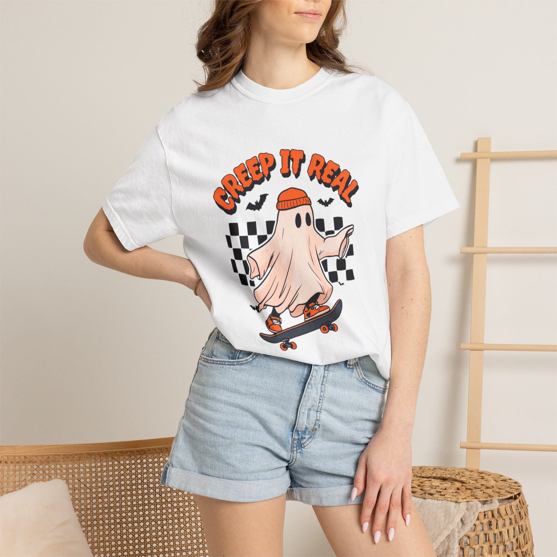 Creep It Real ghost on skateboard T-Shirt | checkerboard retro graphic