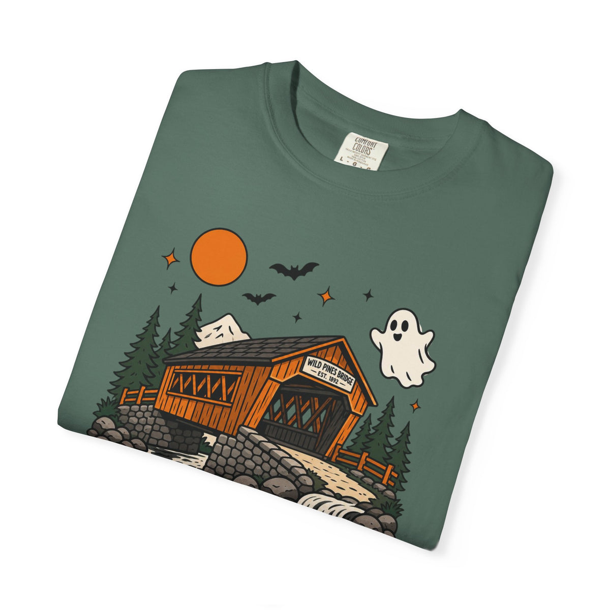 Halloween Covered Bridge T-Shirt — Spooky Ghost & Pumpkin Fall Tee
