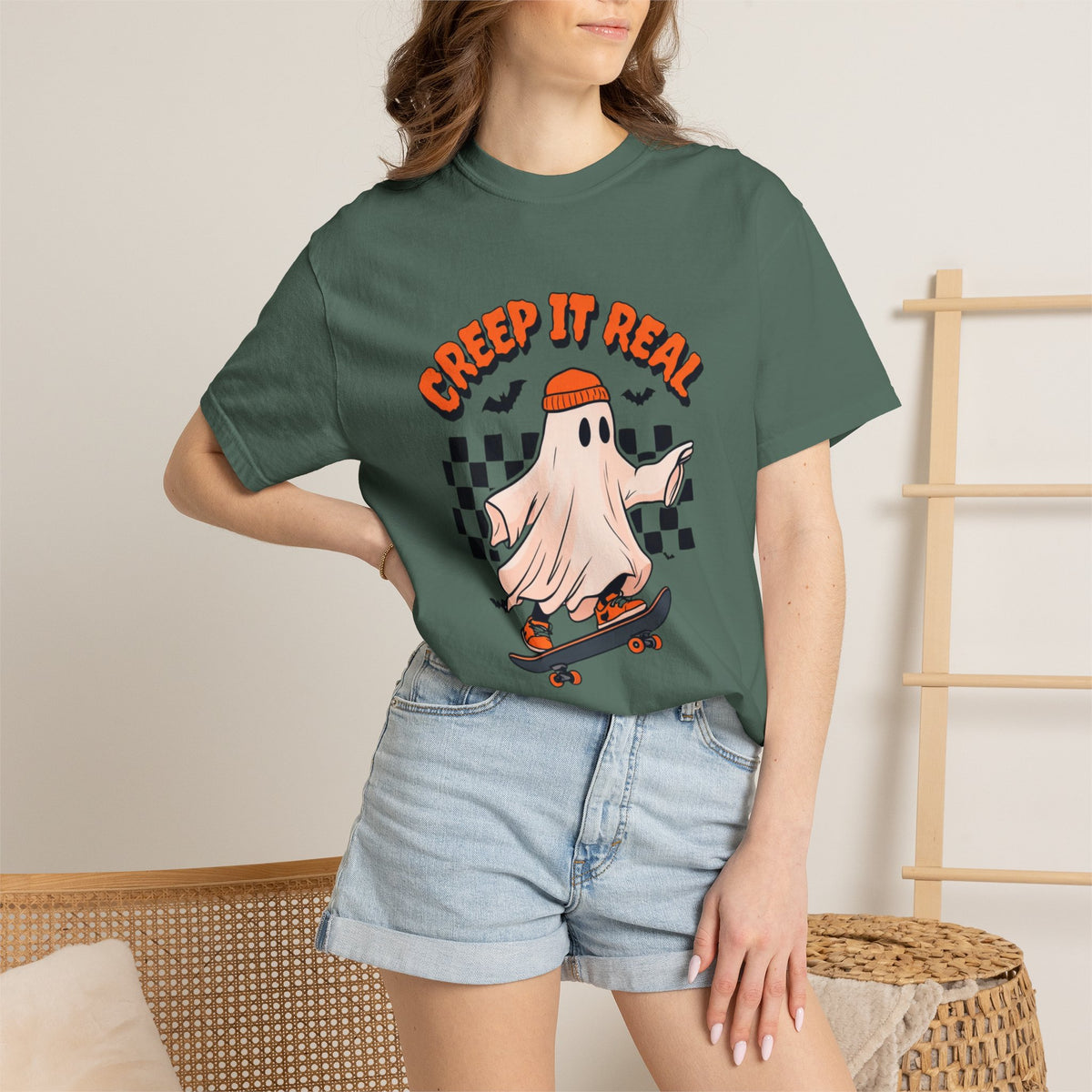 Creep It Real ghost on skateboard T-Shirt | checkerboard retro graphic