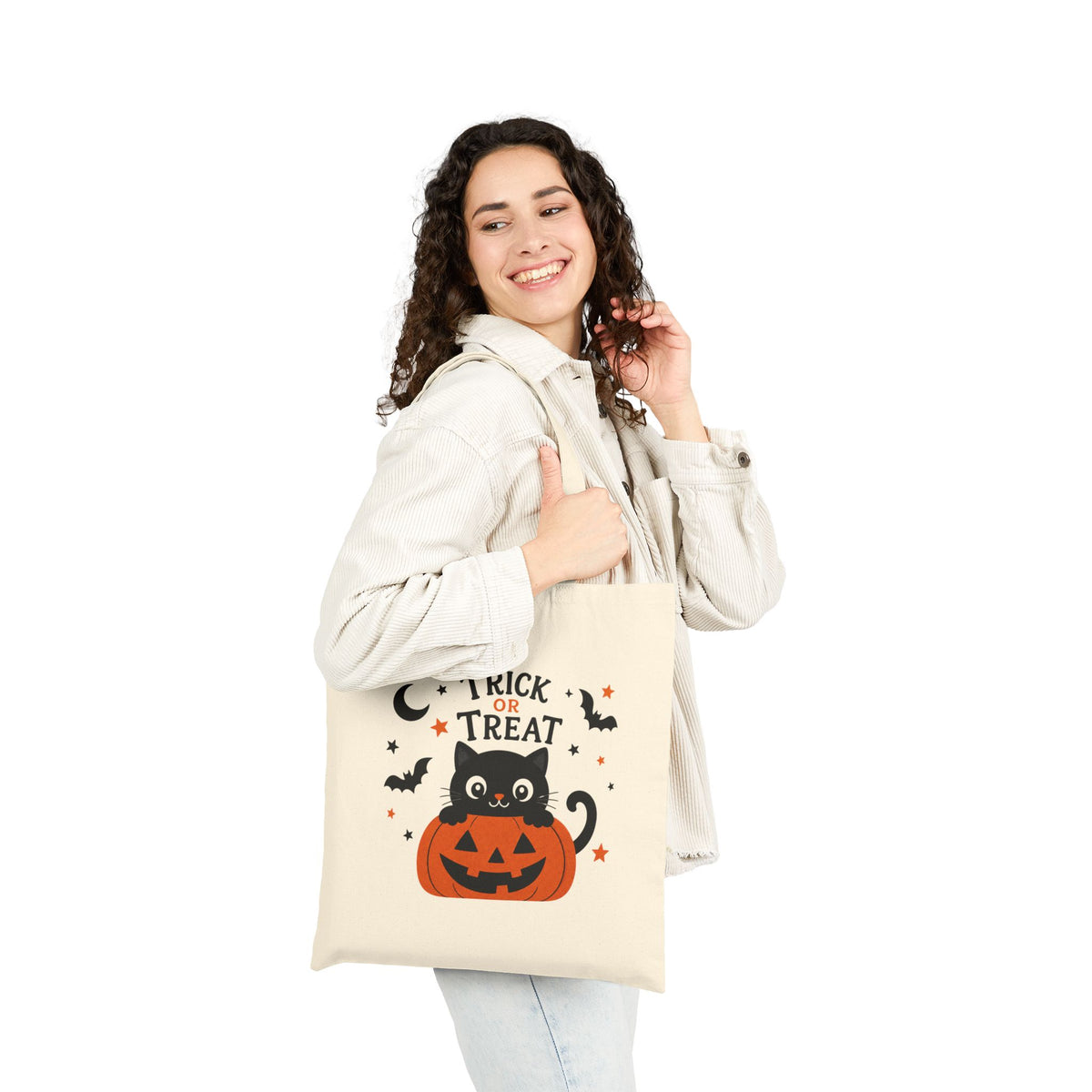 Halloween Trick or Treat Tote Bag — Cute Black Cat in Jack-O'-Lantern Canvas Tote