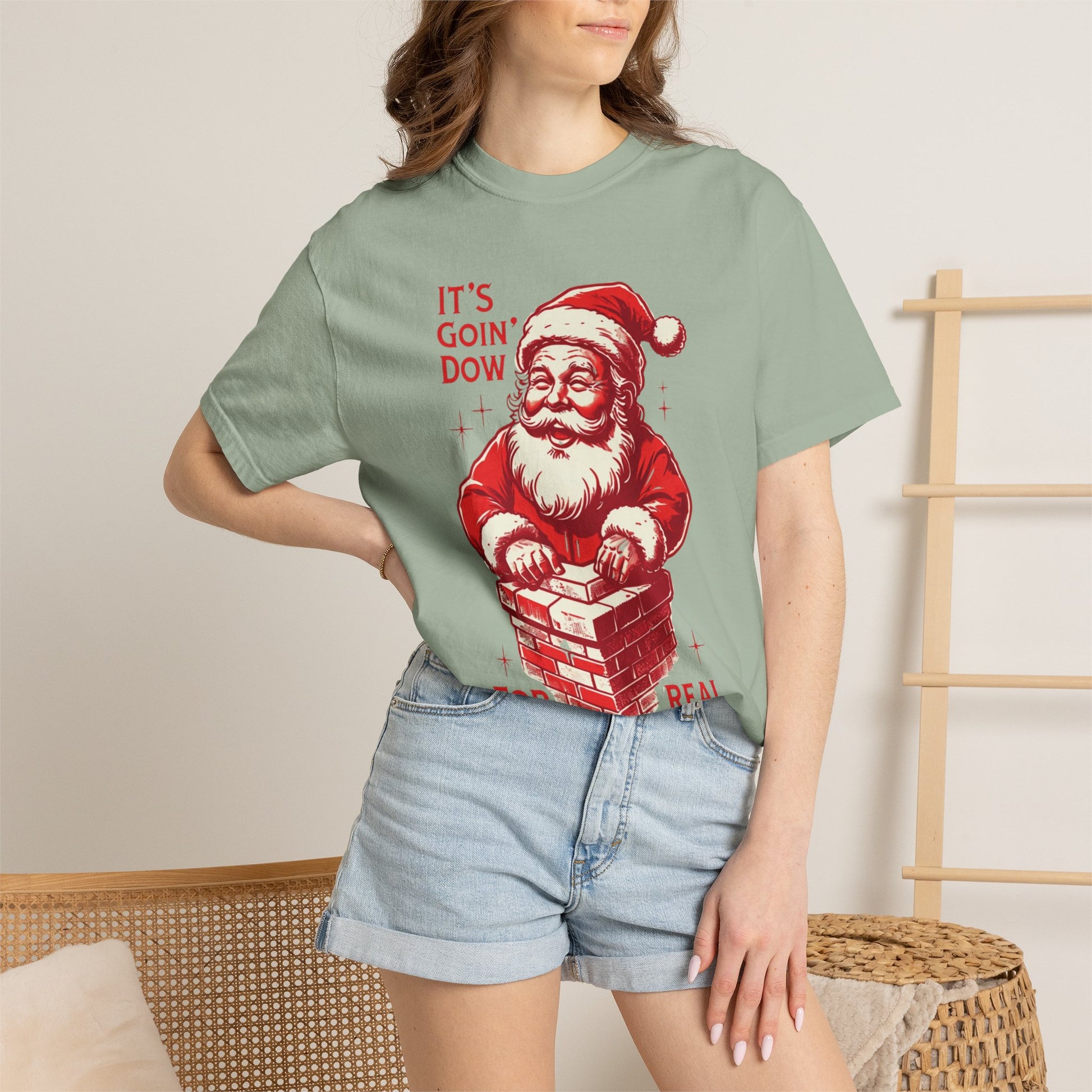 Santa climbing down chimney T-shirt | vintage red illustration, Christmas tee