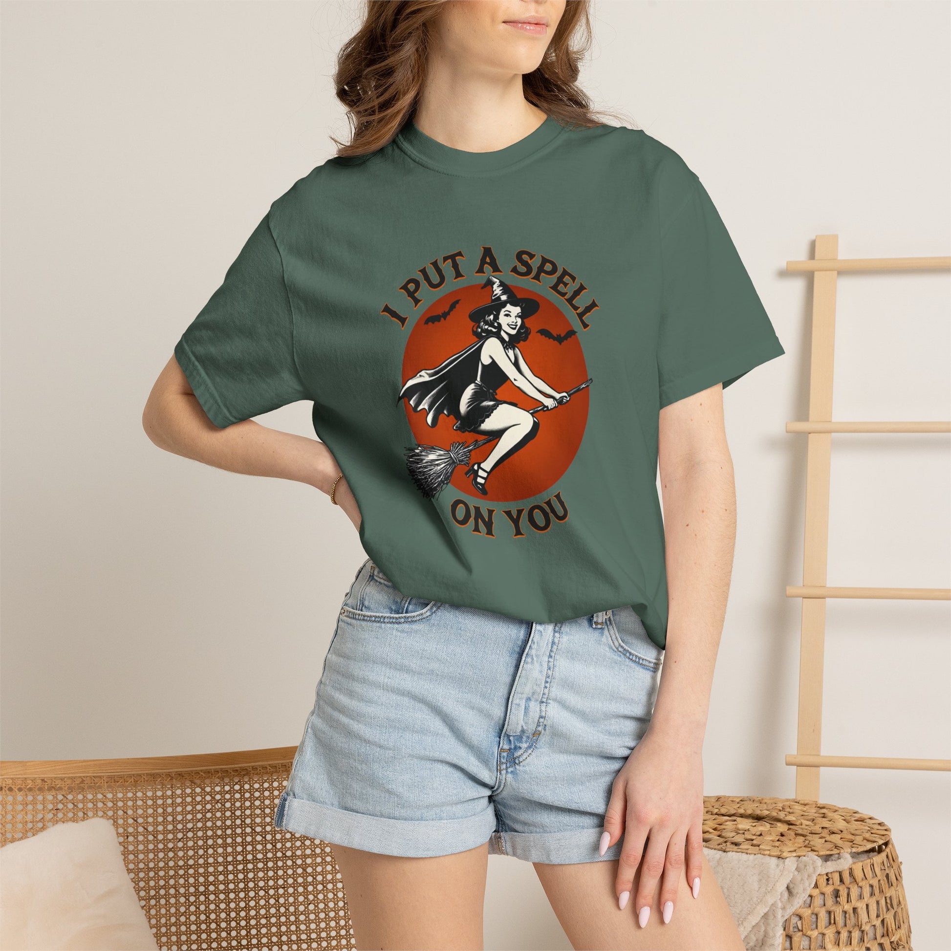 I Put a Spell on You witch on broom T-shirt | retro Halloween graphic tee