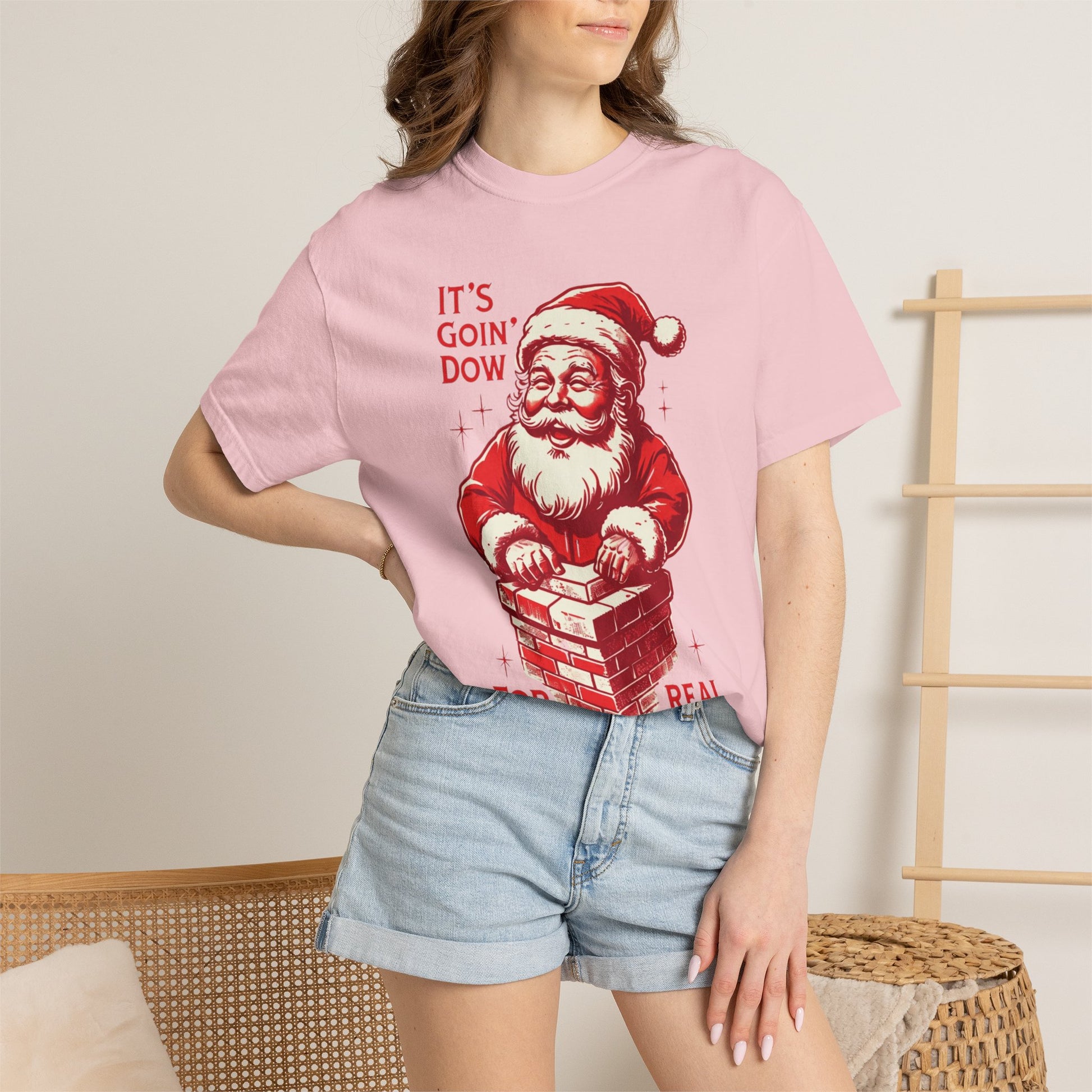 Santa climbing down chimney T-shirt | vintage red illustration, Christmas tee