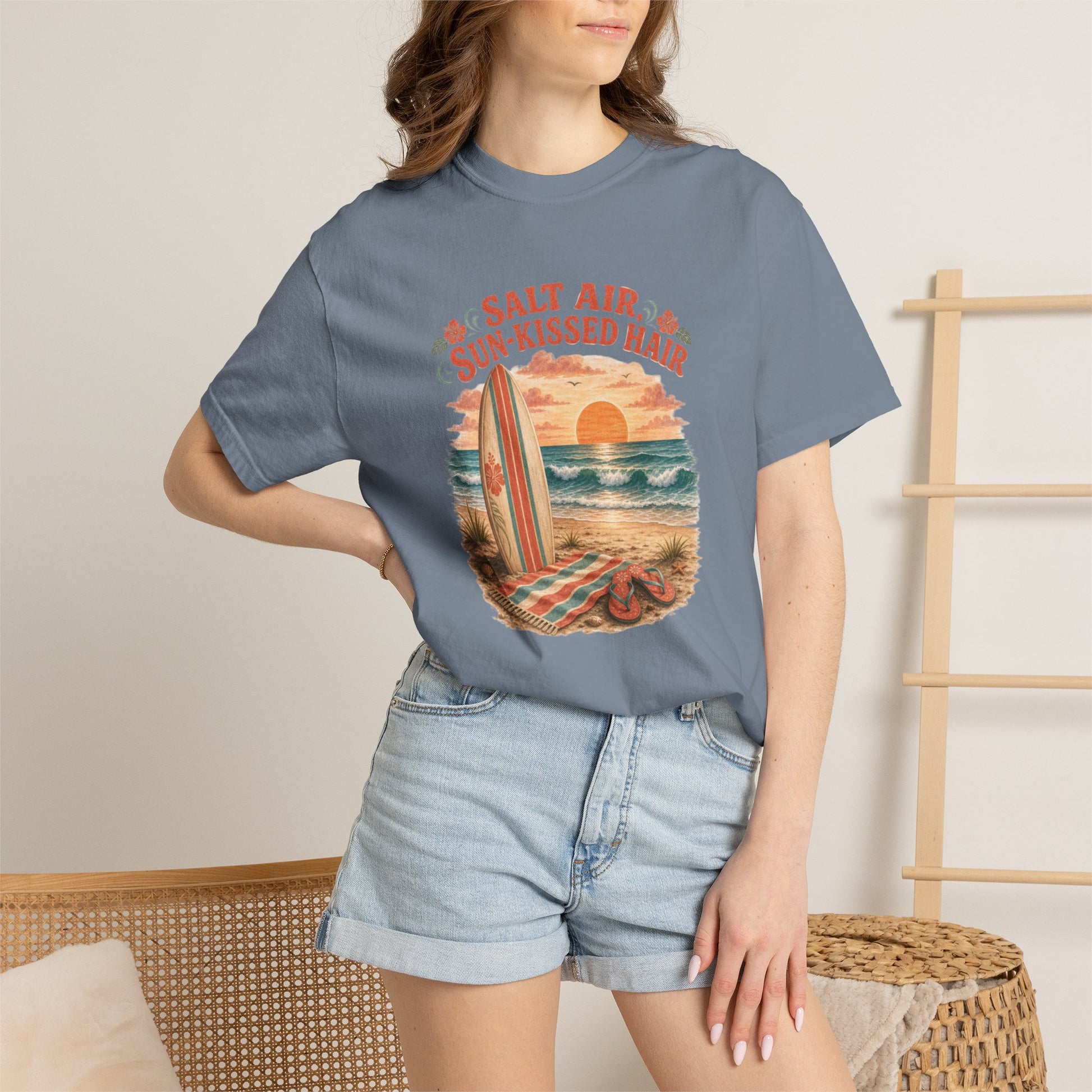 Salt Air, Sun-Kissed Hair Beach T-Shirt — Vintage Surf Sunset Tee