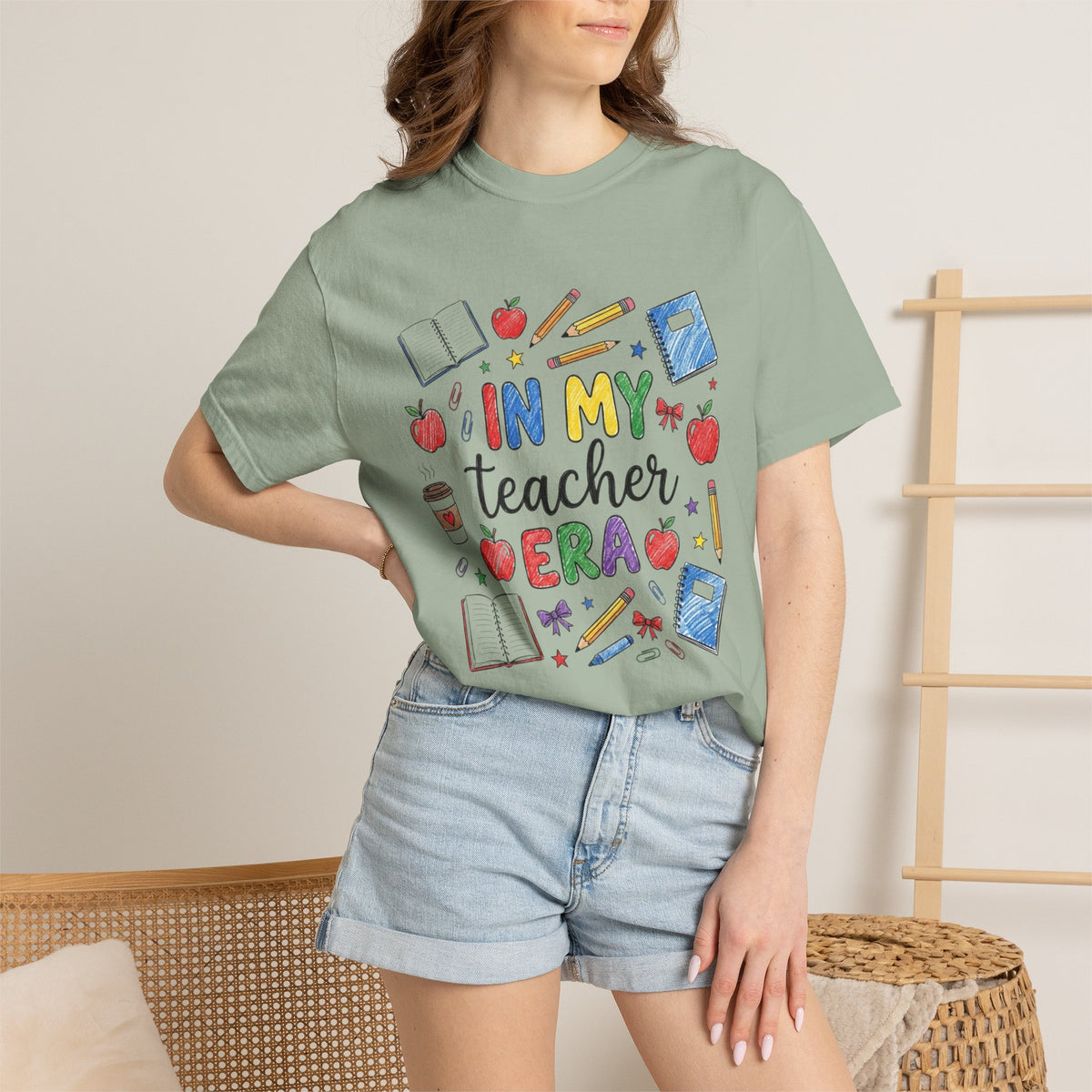 In My Teacher Era T-shirt | Colorful School Icons, Apples & Books