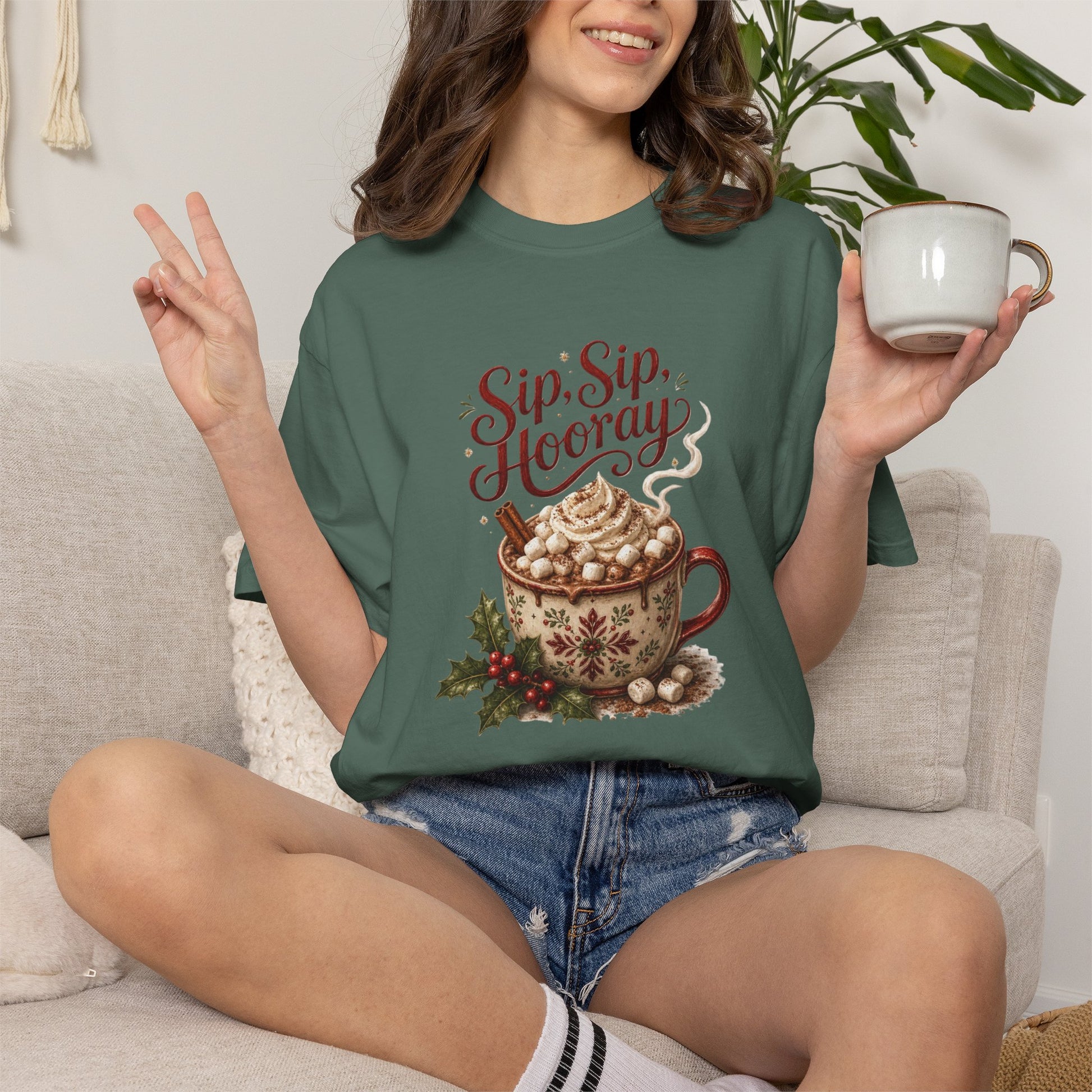 Hot Cocoa Holiday T-Shirt — “Sip, Sip, Hooray” Christmas Mug Graphic
