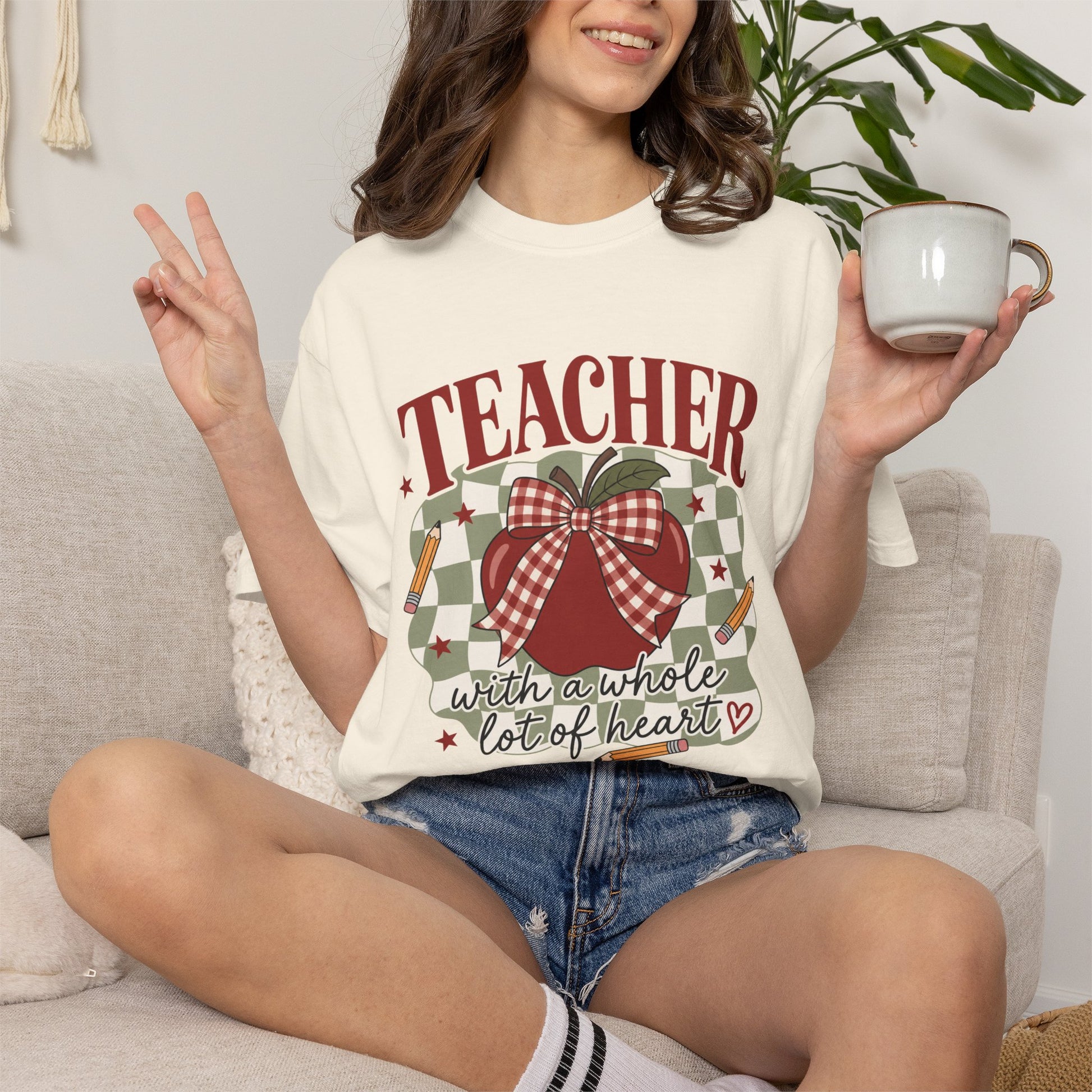Teacher apple buffalo check heart with a whole lot of heart T-shirt | school, classroom