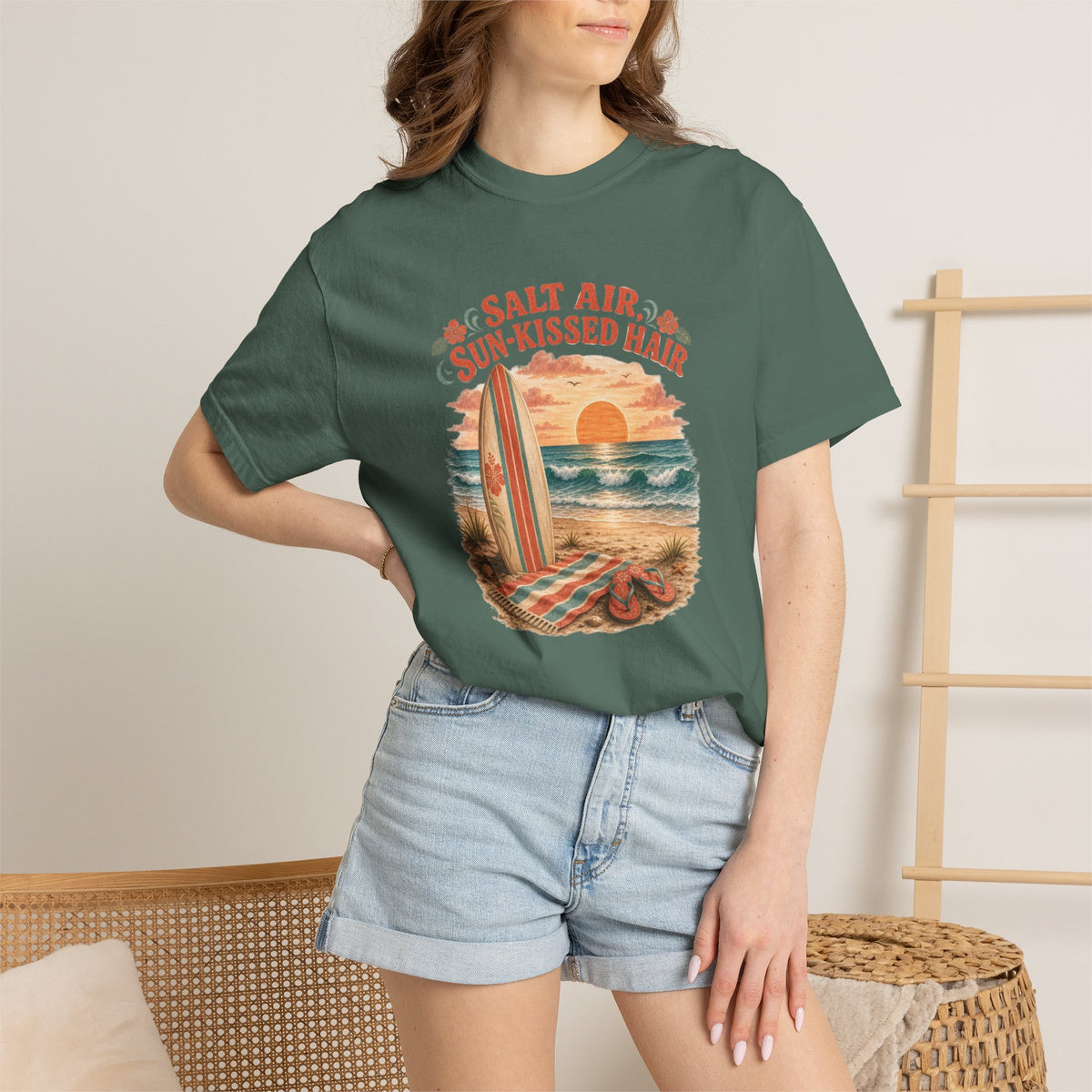 Salt Air, Sun-Kissed Hair Beach T-Shirt — Vintage Surf Sunset Tee