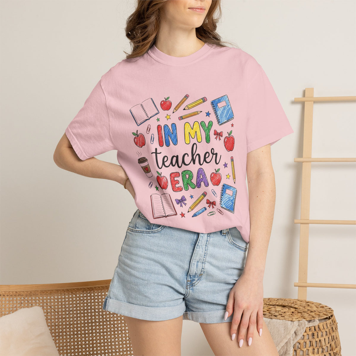 In My Teacher Era T-shirt | Colorful School Icons, Apples & Books