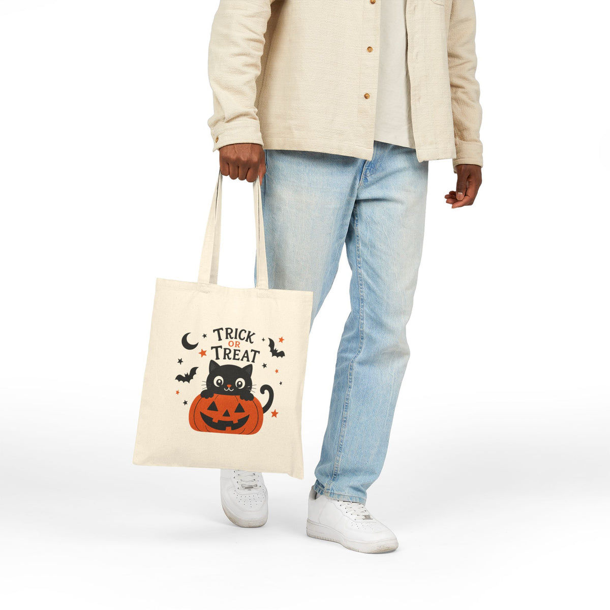 Halloween Trick or Treat Tote Bag — Cute Black Cat in Jack-O'-Lantern Canvas Tote