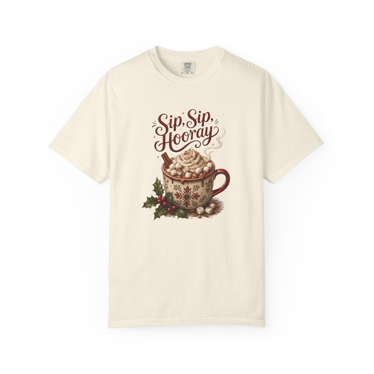 Hot Cocoa Holiday T-Shirt — “Sip, Sip, Hooray” Christmas Mug Graphic