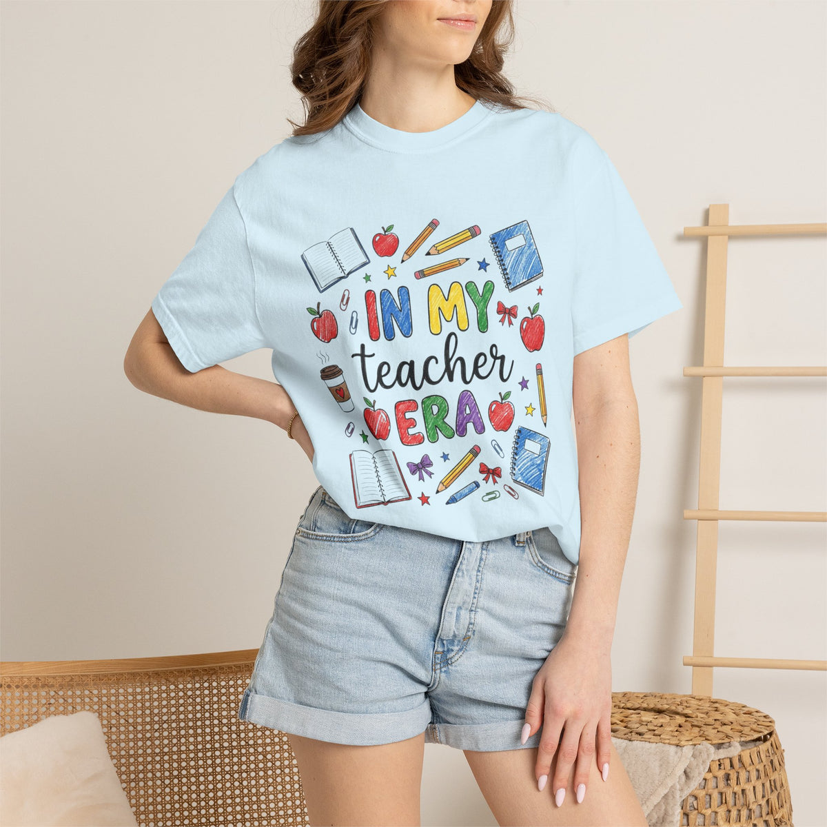 In My Teacher Era T-shirt | Colorful School Icons, Apples & Books