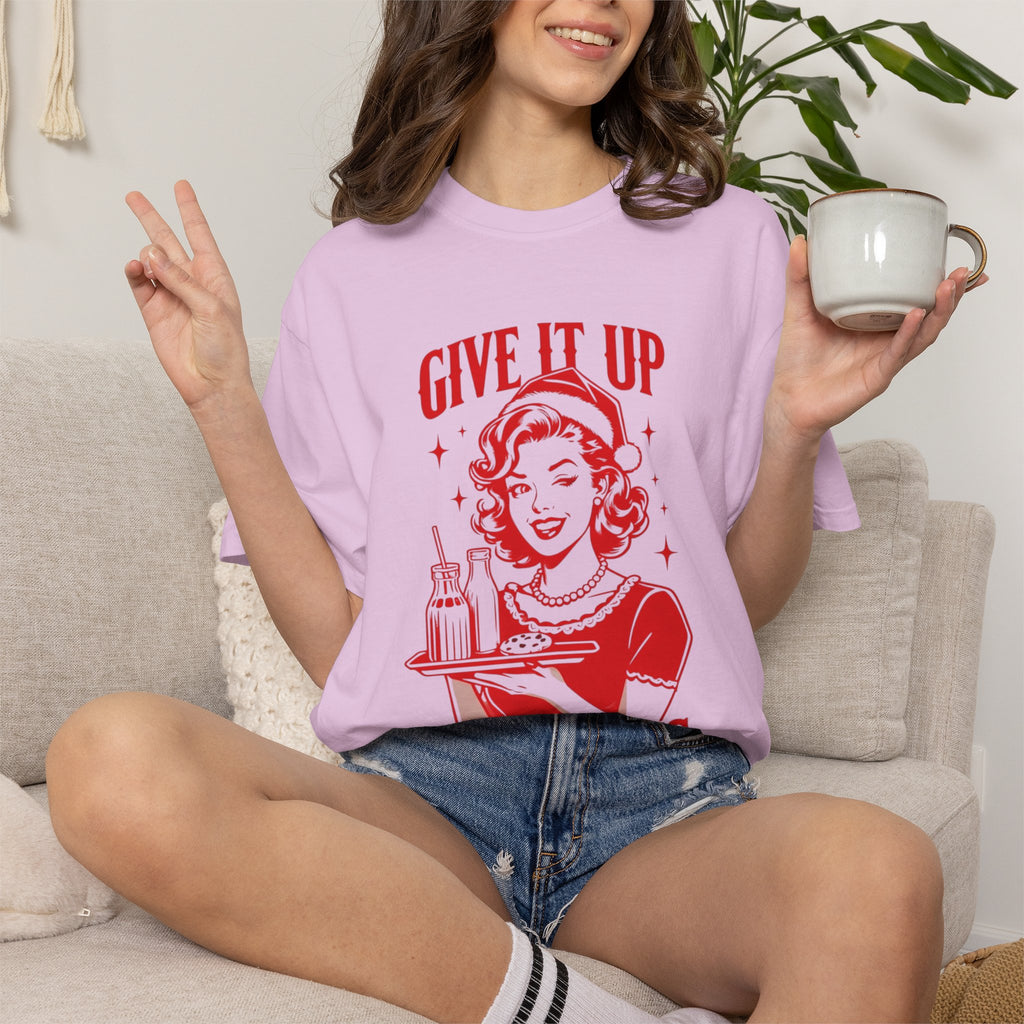 Give It Up Mr. Claus T-Shirt | Retro 1950s Pinup Santa Cookie Design