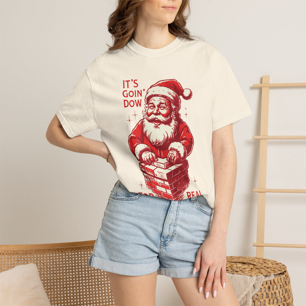 Santa climbing down chimney T-shirt | vintage red illustration, Christmas tee