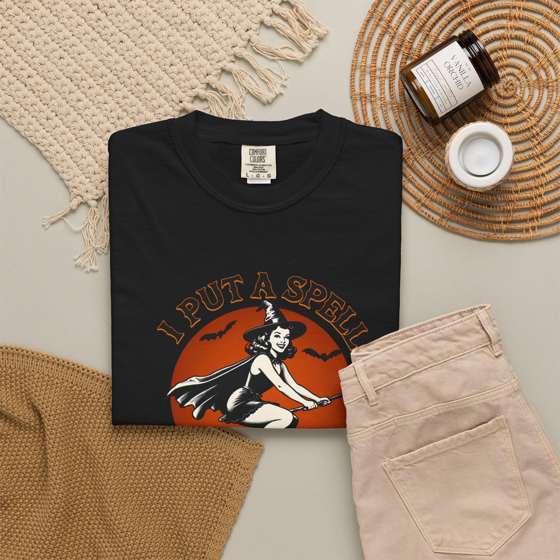 I Put a Spell on You witch on broom T-shirt | retro Halloween graphic tee