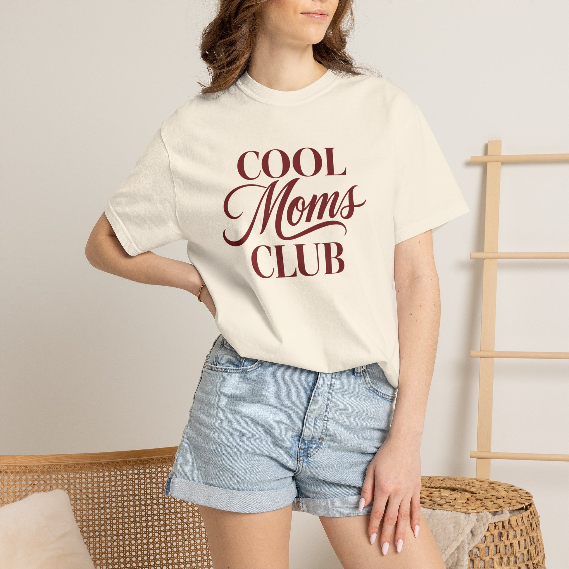 Cool Moms Club T-shirt | Retro Script Mom Tee, Cream Garment-Dyed