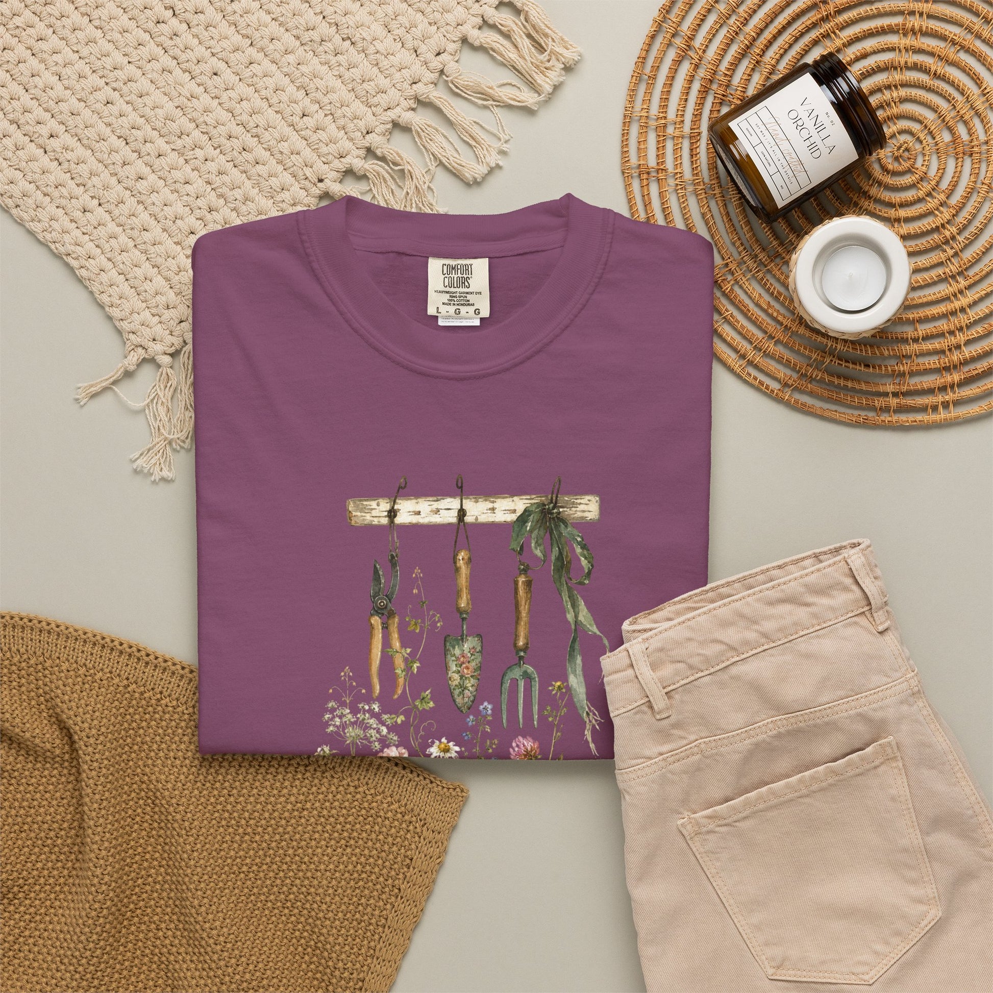 Vintage Garden Tools T-Shirt | Floral Herbs Gardening Illustration