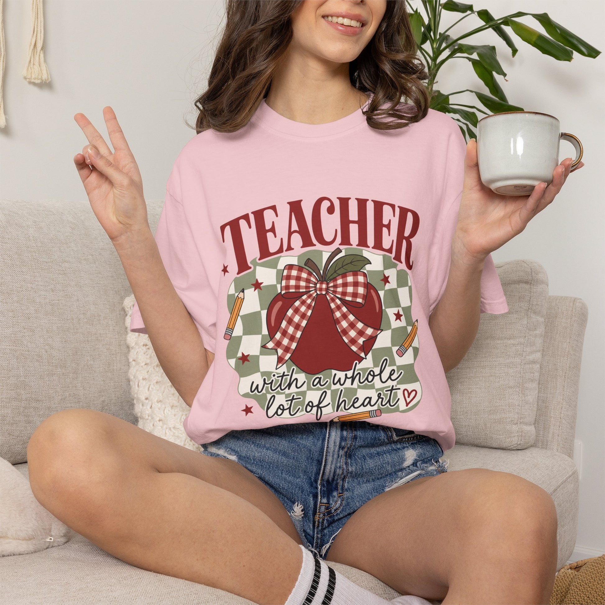 Teacher apple buffalo check heart with a whole lot of heart T-shirt | school, classroom