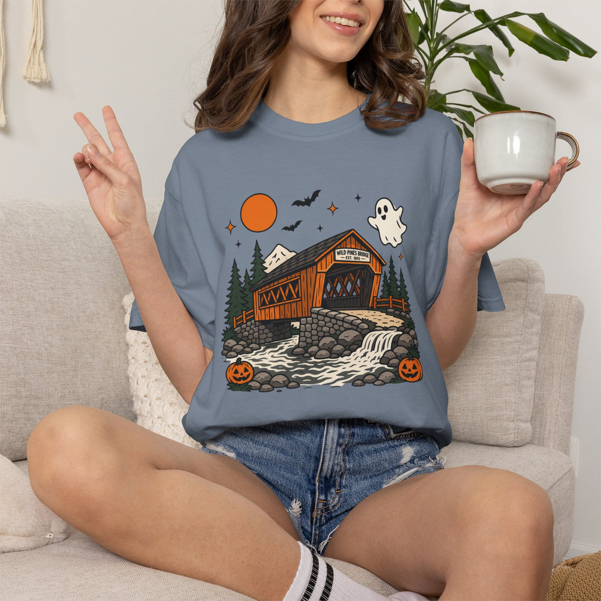 Halloween Covered Bridge T-Shirt — Spooky Ghost & Pumpkin Fall Tee