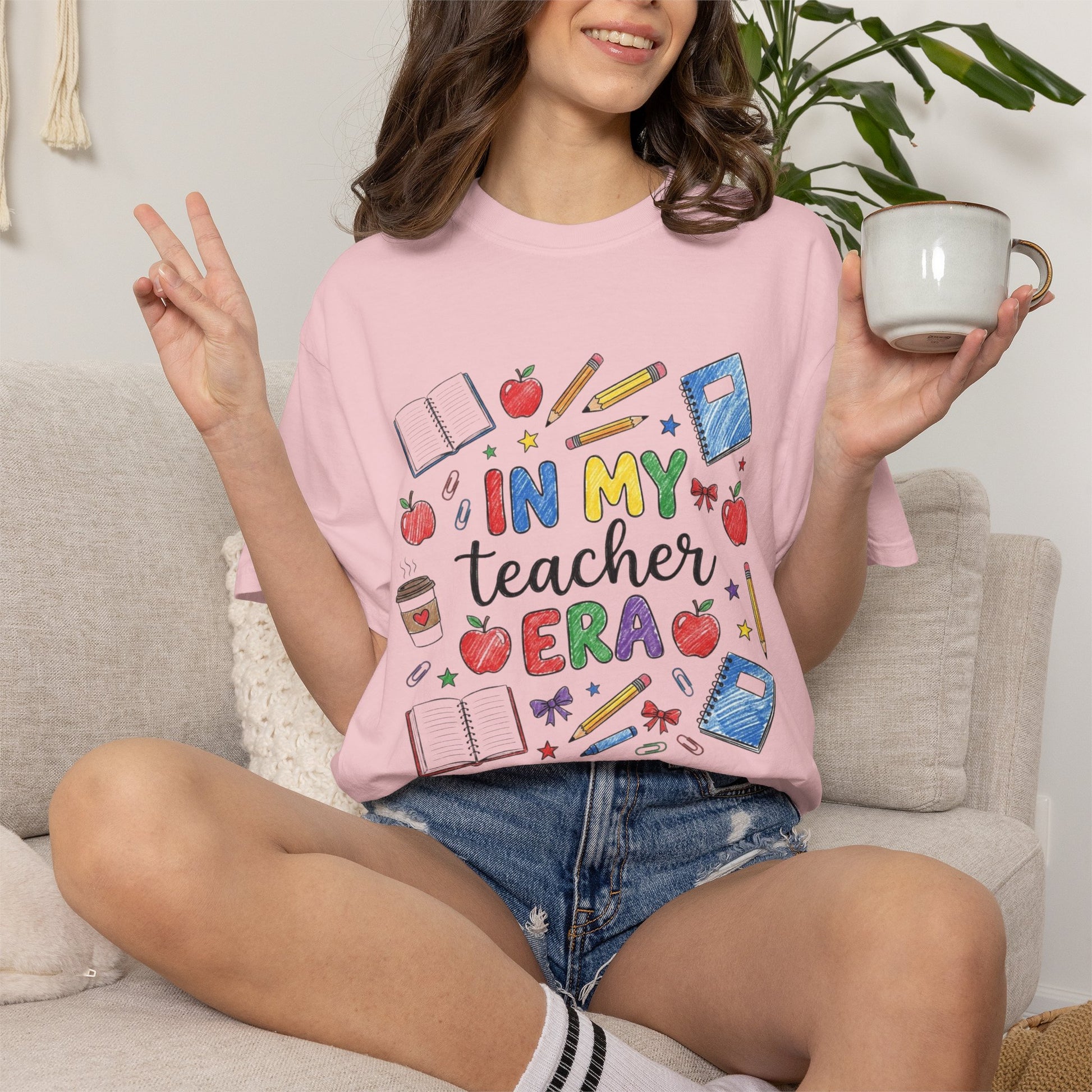 In My Teacher Era T-shirt | Colorful School Icons, Apples & Books