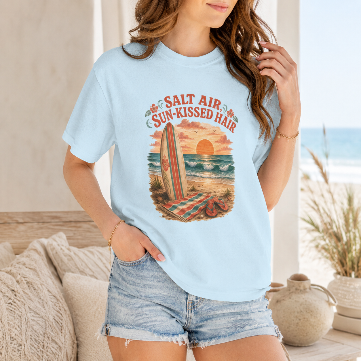 Salt Air, Sun-Kissed Hair Beach T-Shirt — Vintage Surf Sunset Tee