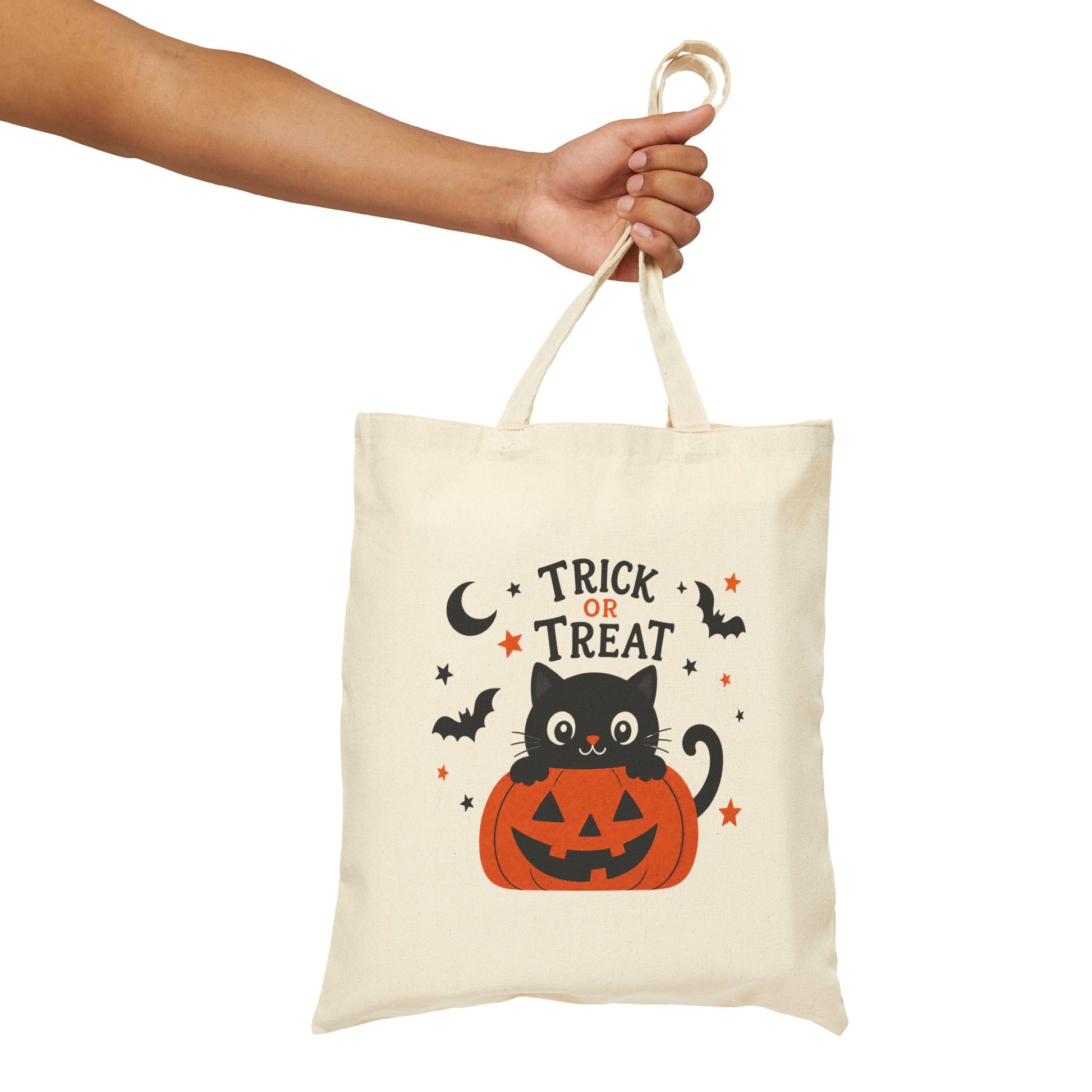 Halloween Trick or Treat Tote Bag — Cute Black Cat in Jack-O'-Lantern Canvas Tote