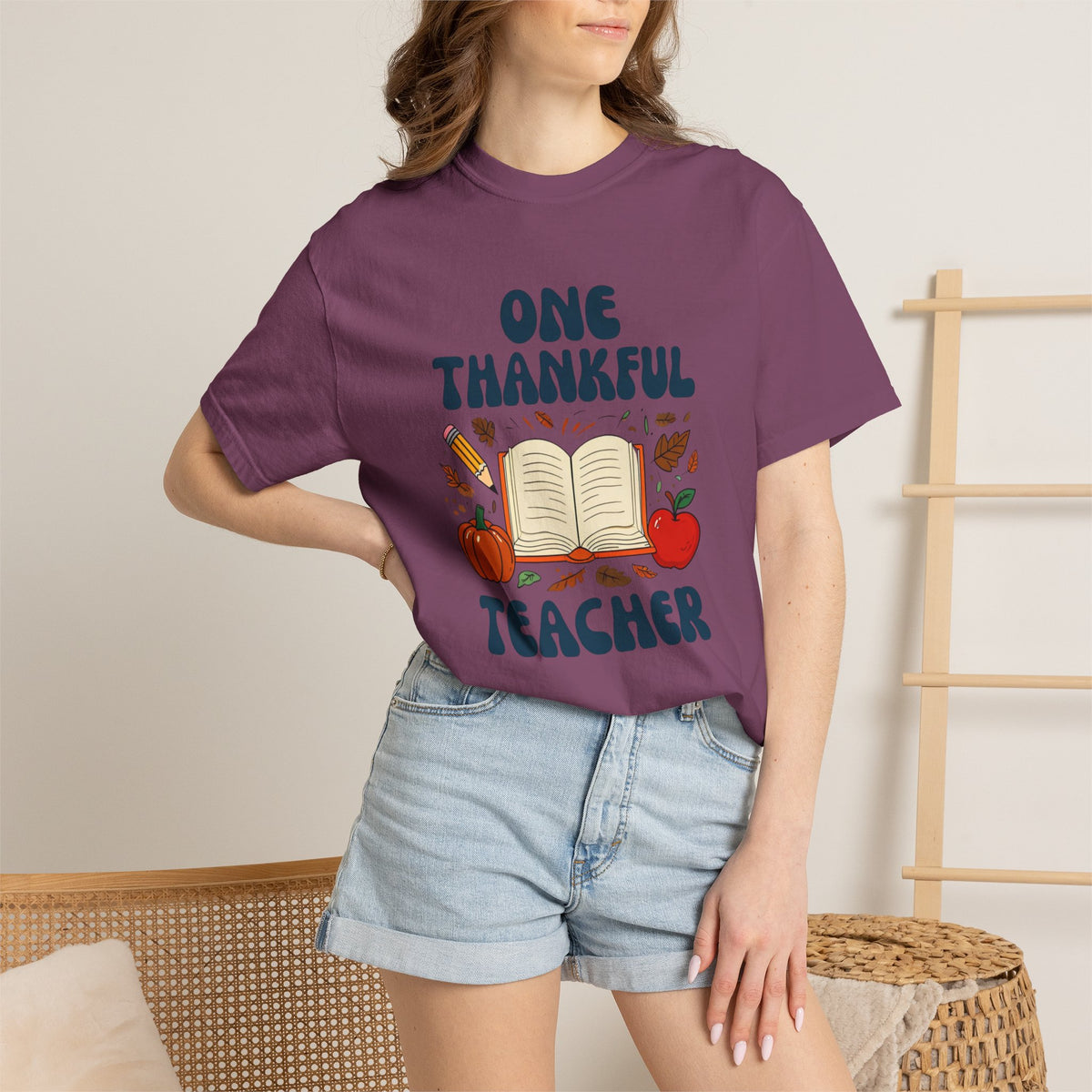 One Thankful Teacher T-shirt | Fall Leaves Pumpkin Apple