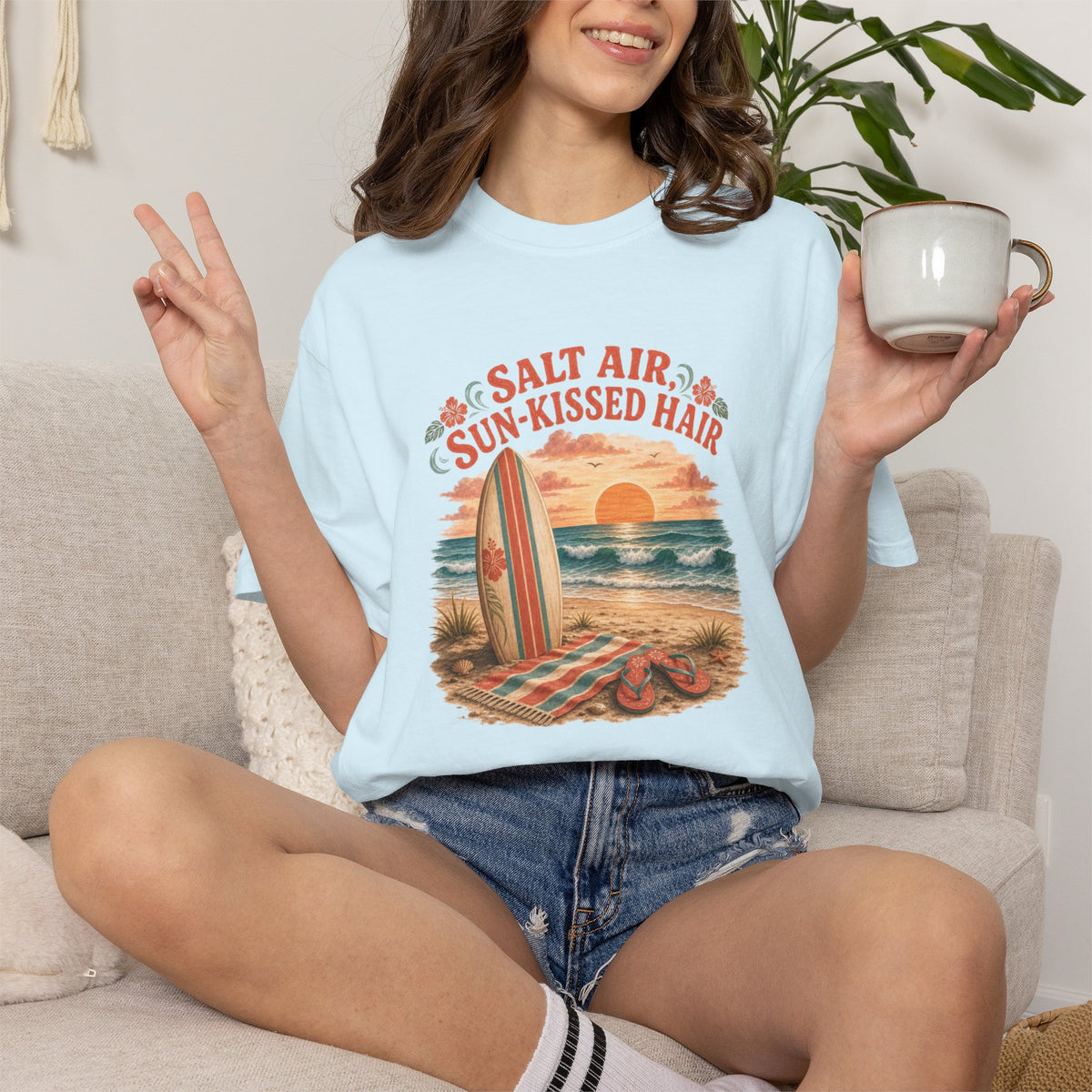 Salt Air, Sun-Kissed Hair Beach T-Shirt — Vintage Surf Sunset Tee