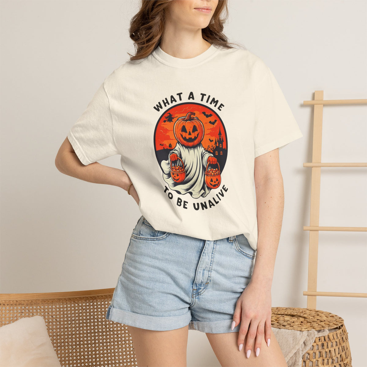 What a Time to Be Unalive Halloween T-shirt | Pumpkin Ghost Design
