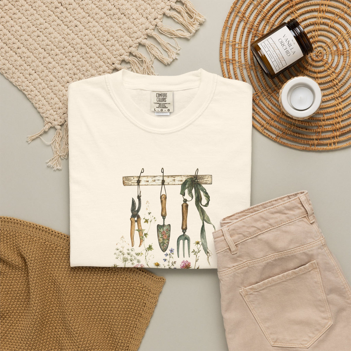 Vintage Garden Tools T-Shirt | Floral Herbs Gardening Illustration
