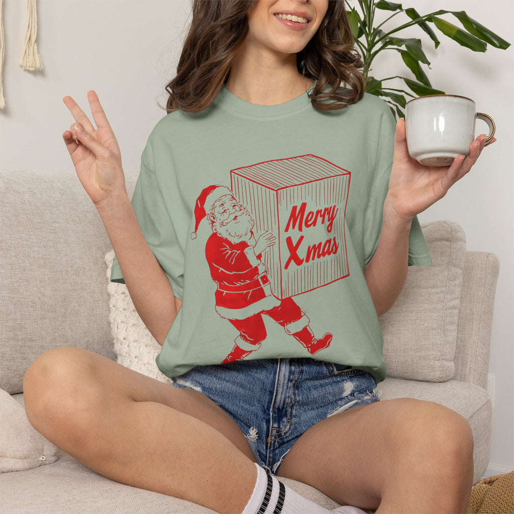 Vintage Santa Carrying Merry Xmas Box T-shirt | Christmas tee
