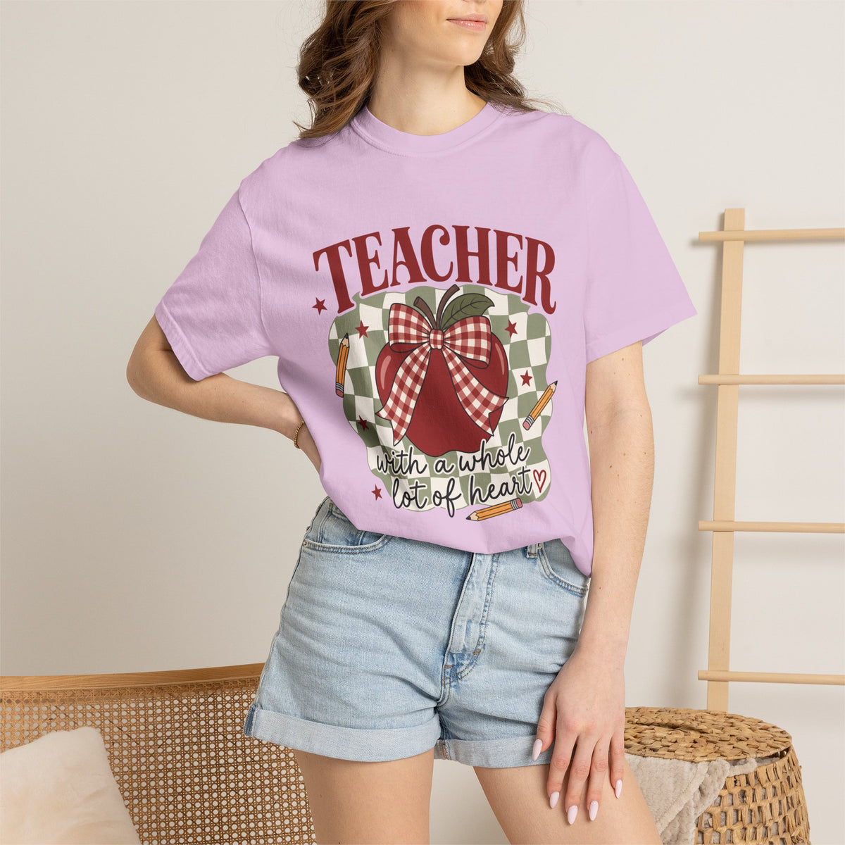 Teacher apple buffalo check heart with a whole lot of heart T-shirt | school, classroom