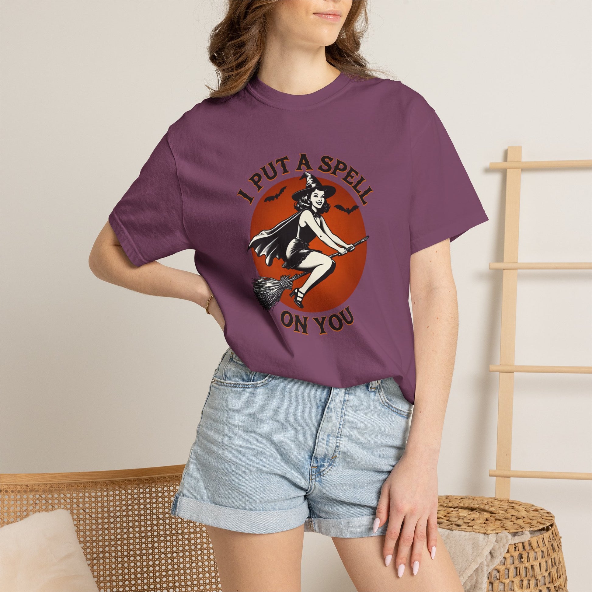I Put a Spell on You witch on broom T-shirt | retro Halloween graphic tee