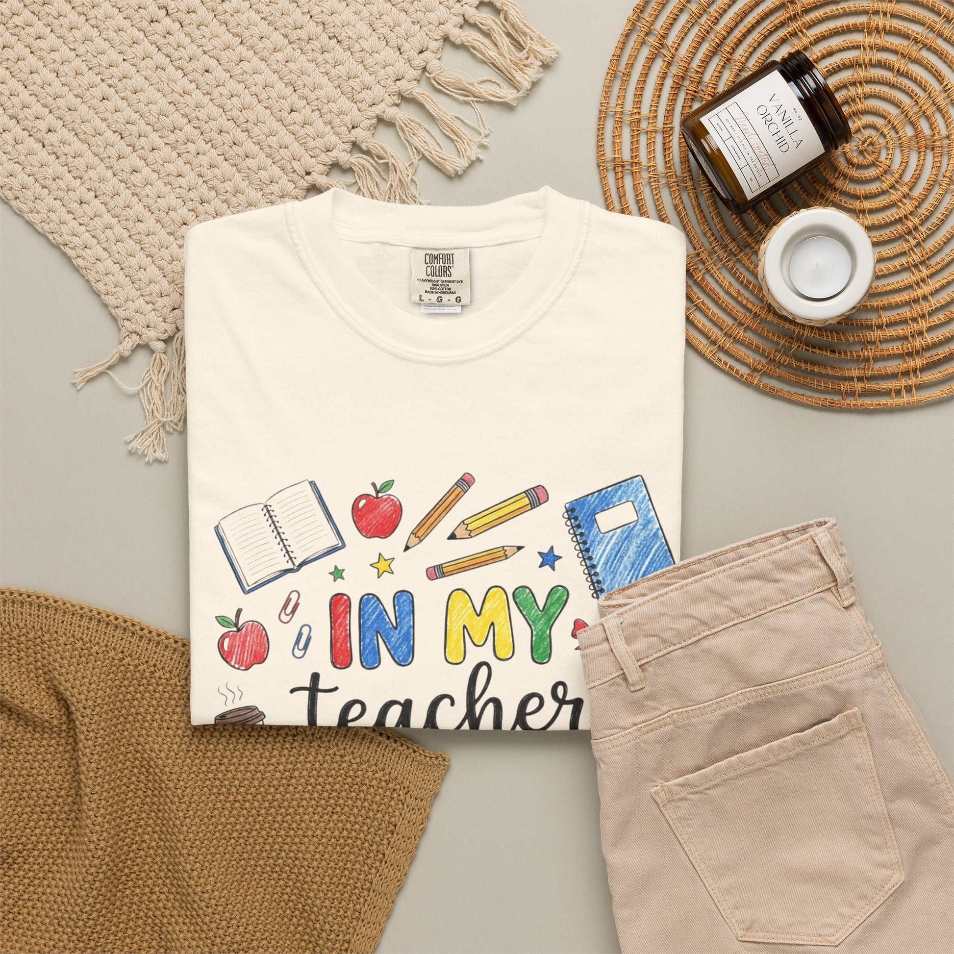 In My Teacher Era T-shirt | Colorful School Icons, Apples & Books