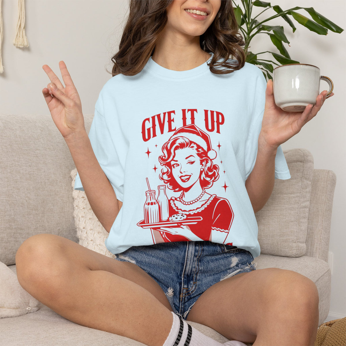 Give It Up Mr. Claus T-Shirt | Retro 1950s Pinup Santa Cookie Design
