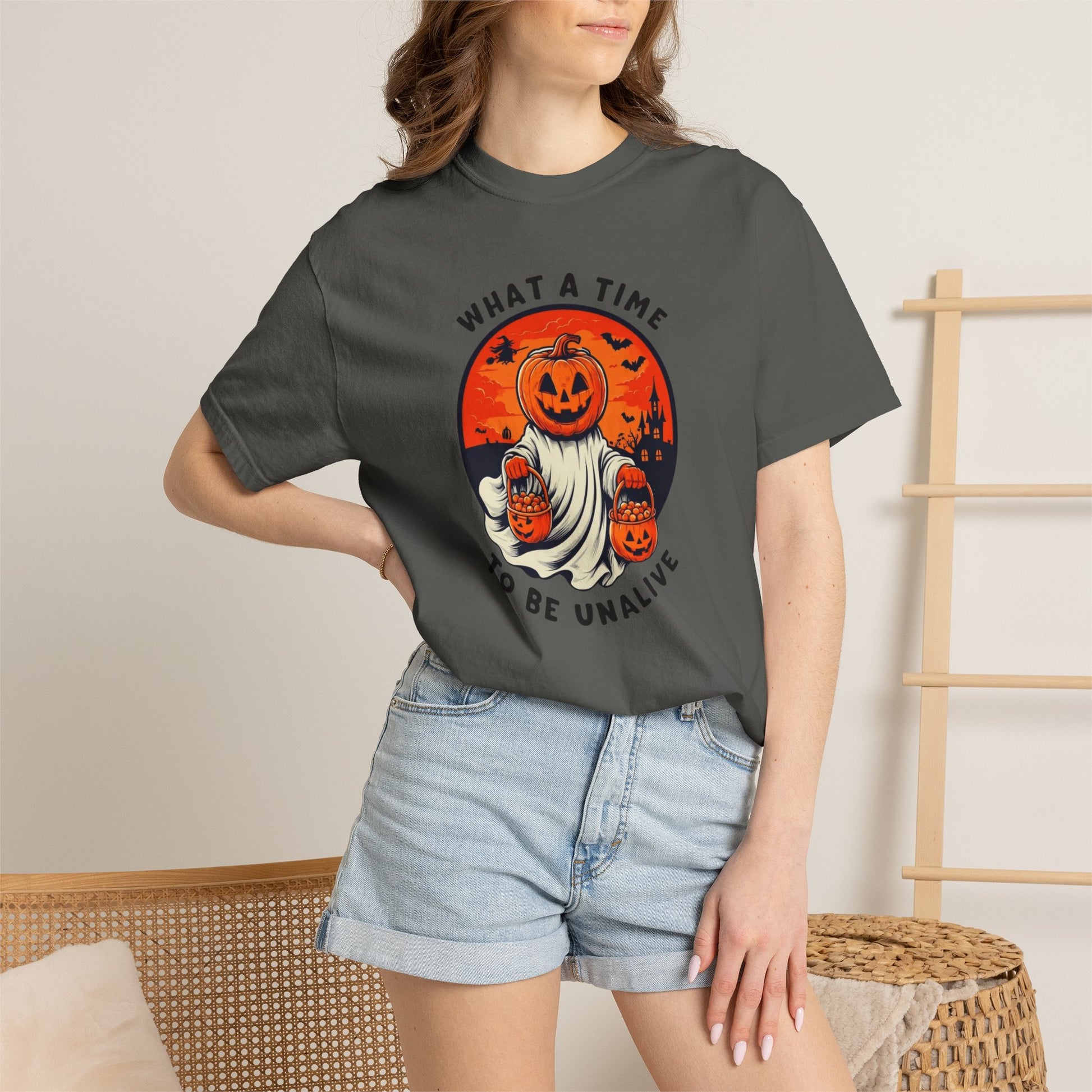 What a Time to Be Unalive Halloween T-shirt | Pumpkin Ghost Design