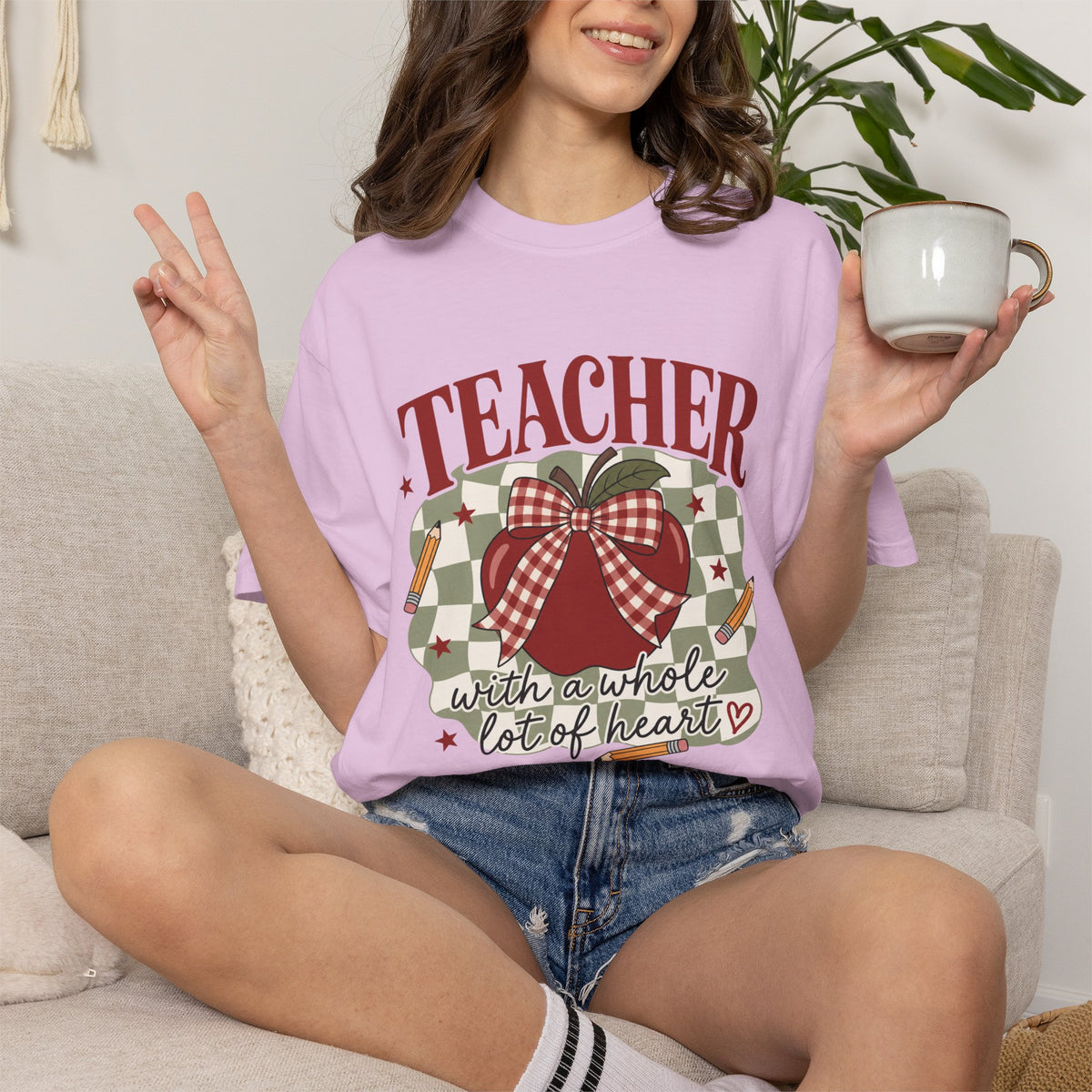 Teacher apple buffalo check heart with a whole lot of heart T-shirt | school, classroom