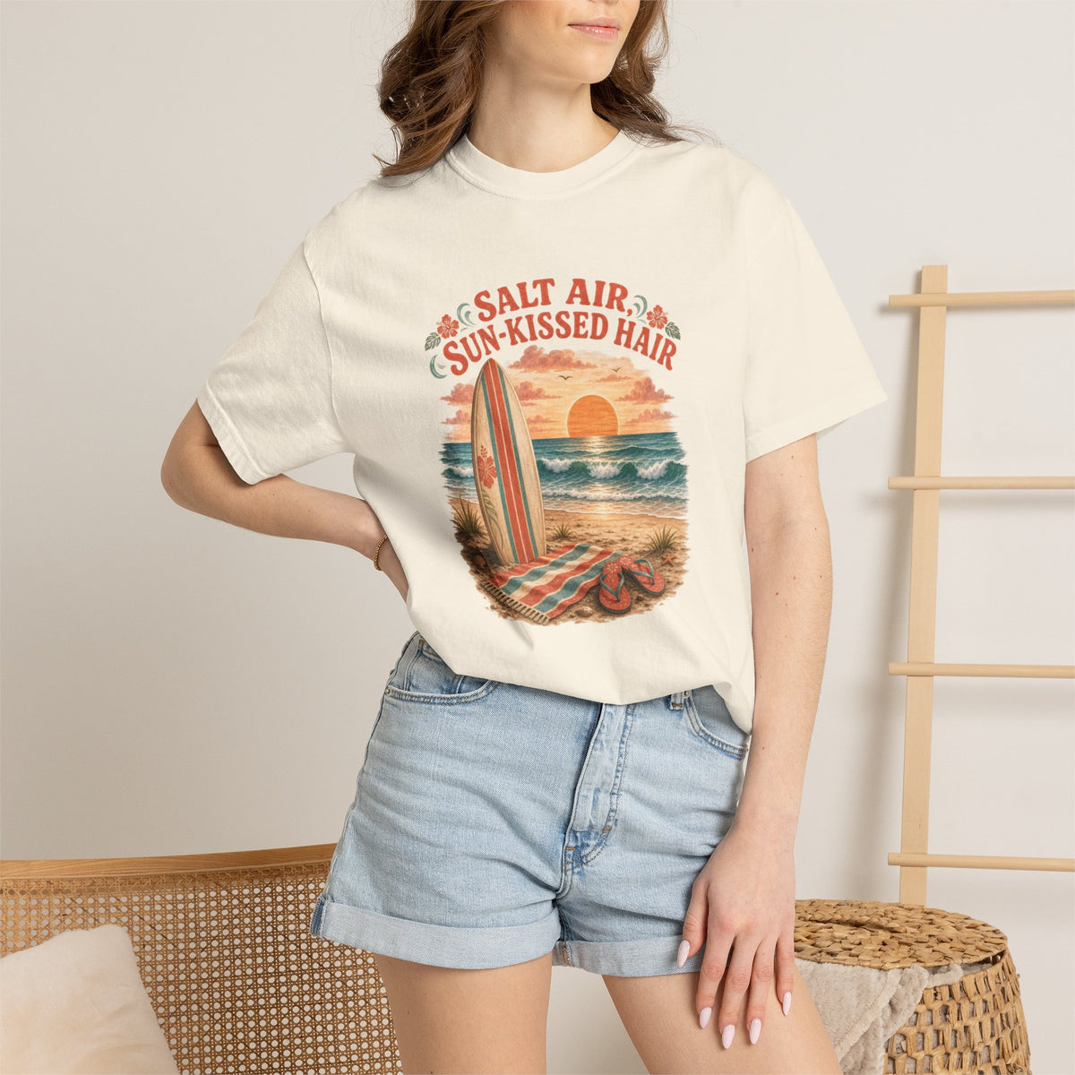 Salt Air, Sun-Kissed Hair Beach T-Shirt — Vintage Surf Sunset Tee