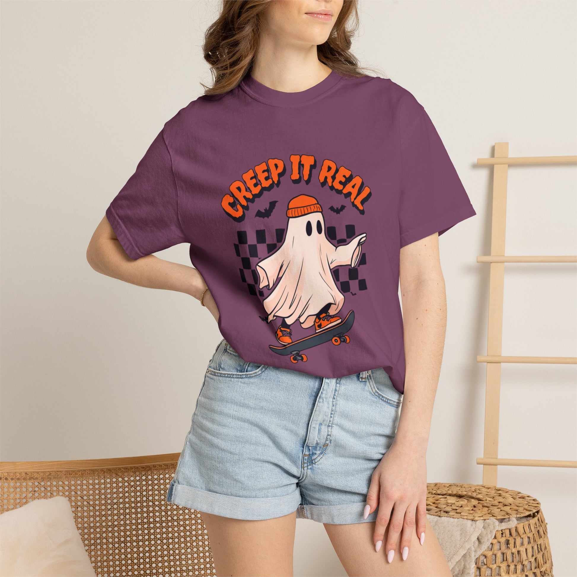 Creep It Real ghost on skateboard T-Shirt | checkerboard retro graphic