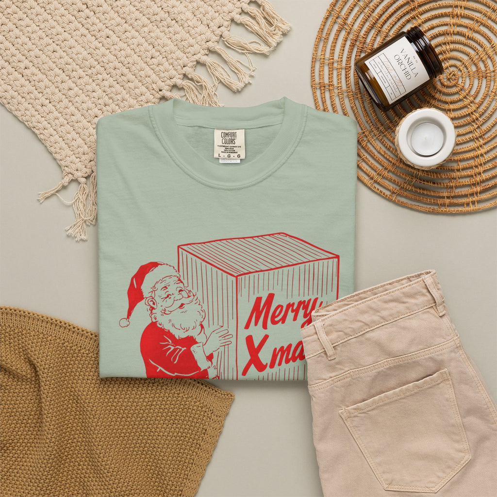 Vintage Santa Carrying Merry Xmas Box T-shirt | Christmas tee