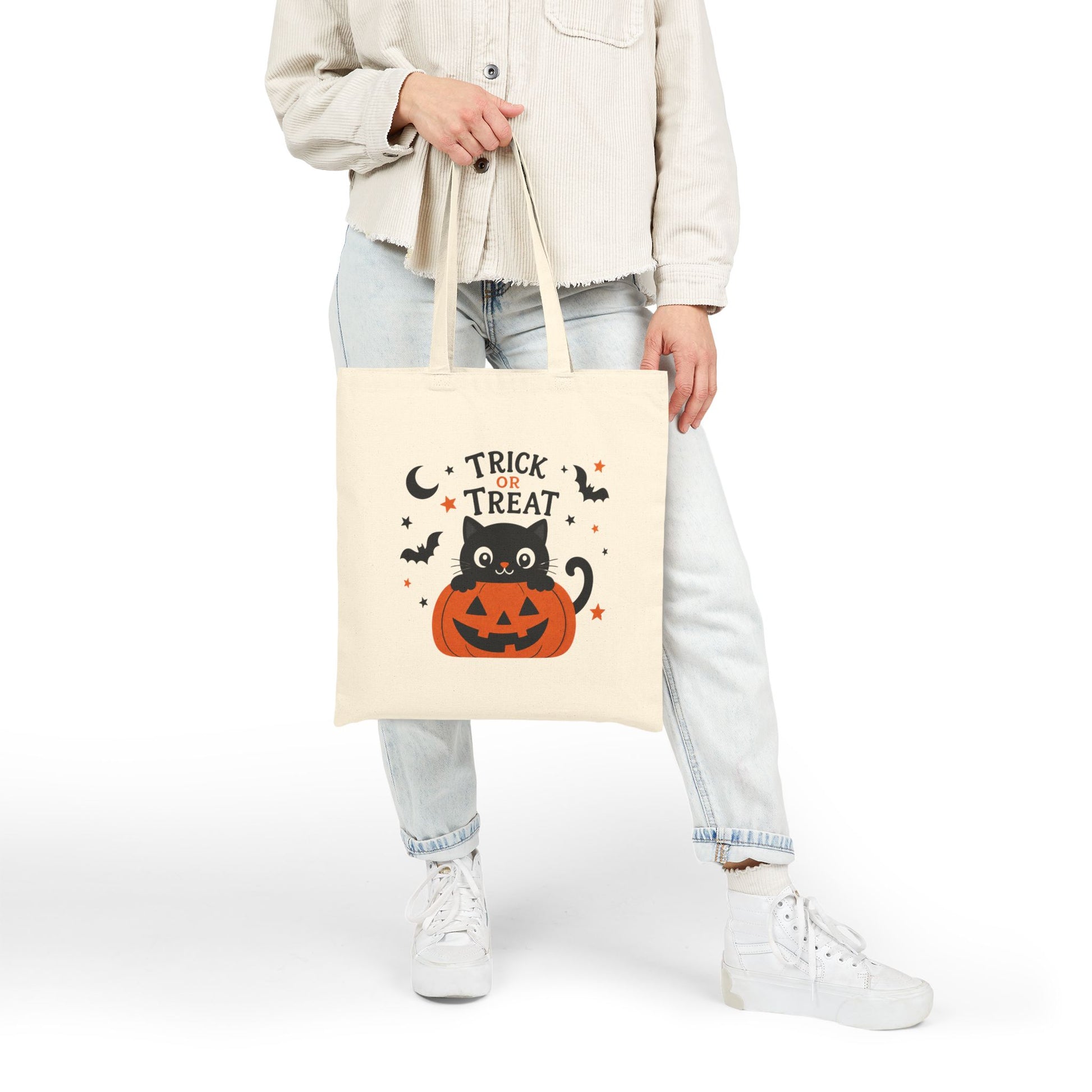 Halloween Trick or Treat Tote Bag — Cute Black Cat in Jack-O'-Lantern Canvas Tote