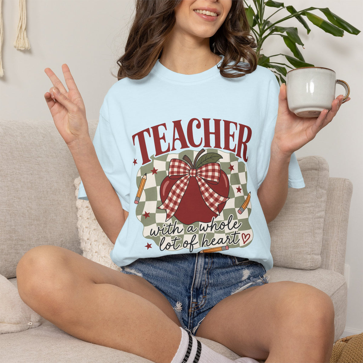Teacher apple buffalo check heart with a whole lot of heart T-shirt | school, classroom