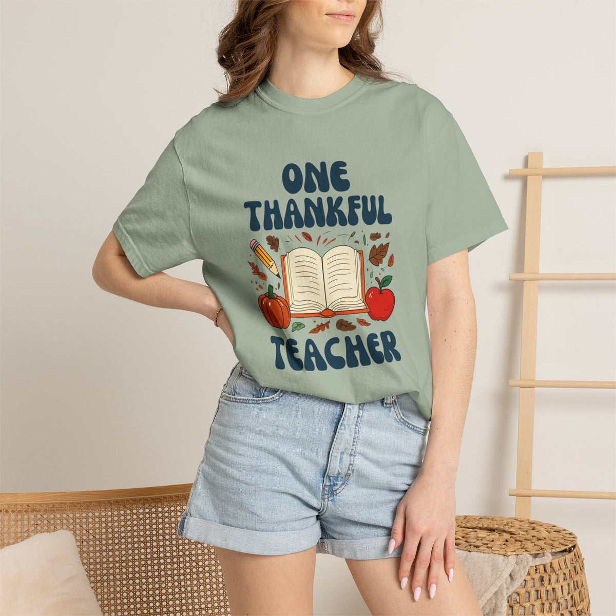 One Thankful Teacher T-shirt | Fall Leaves Pumpkin Apple