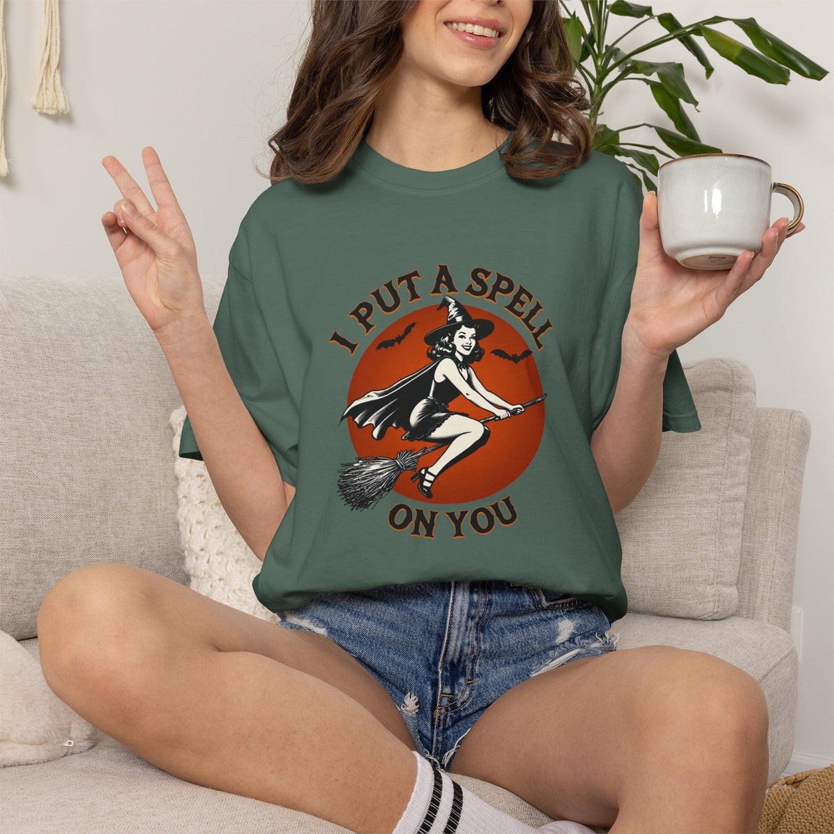 I Put a Spell on You witch on broom T-shirt | retro Halloween graphic tee